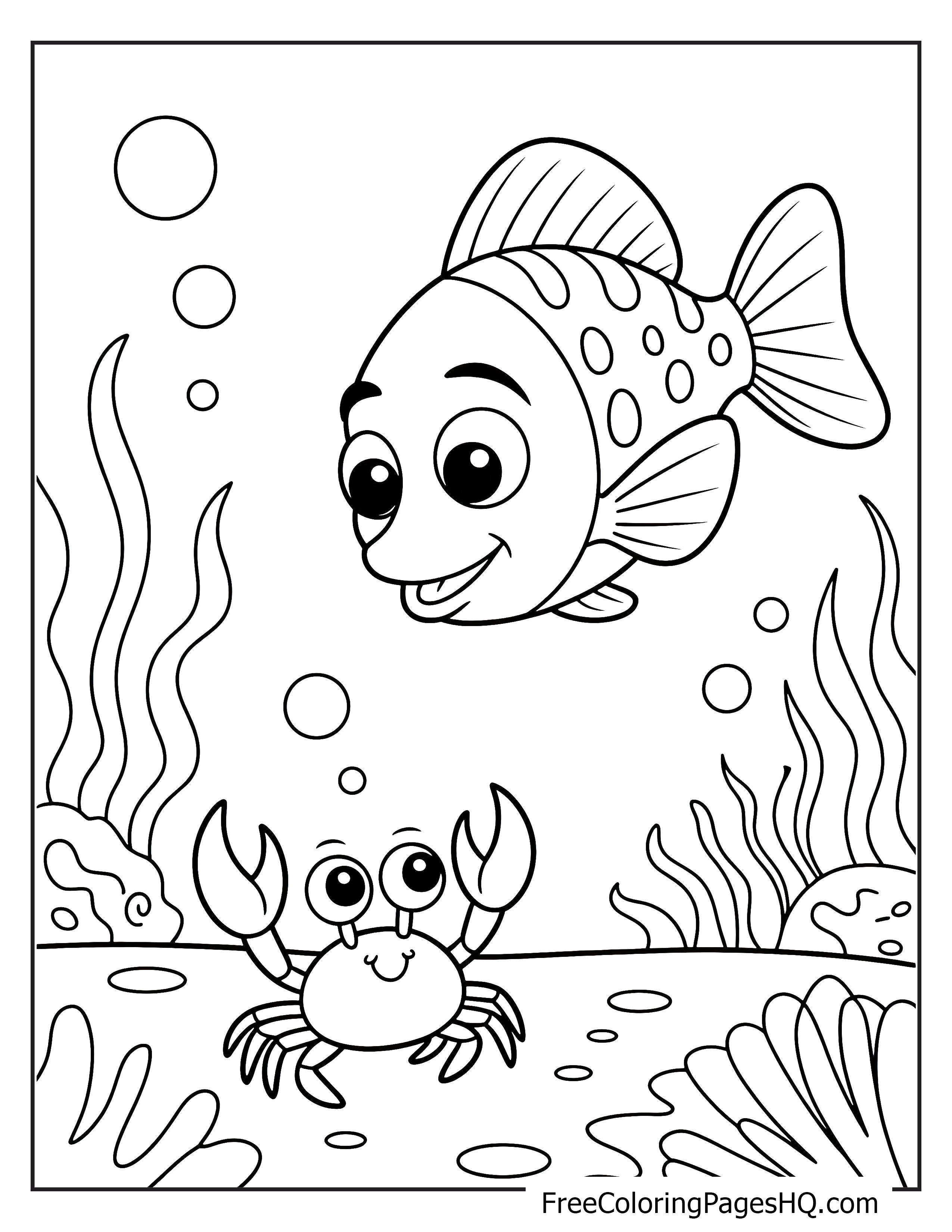 Fish and crab illustration in an underwater setting.