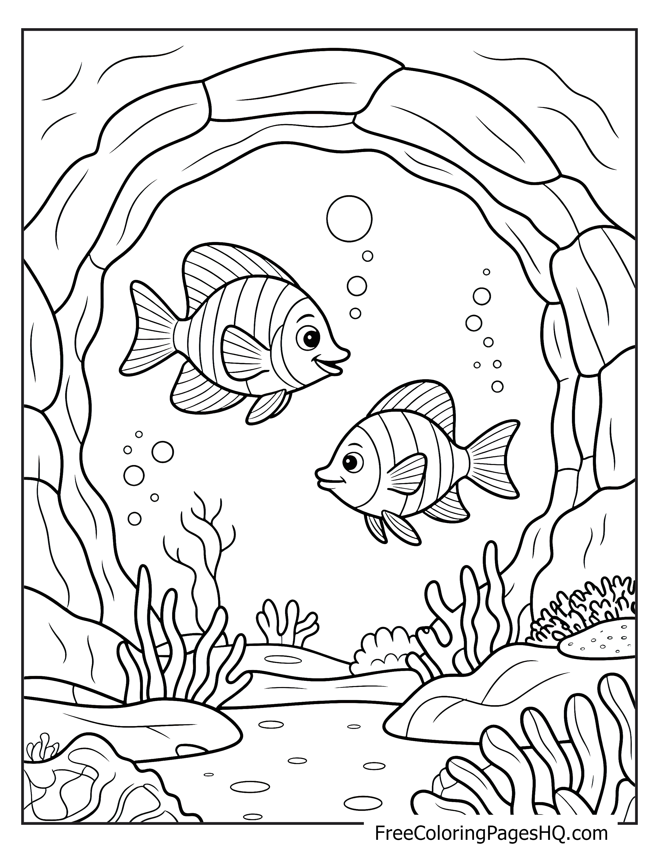 Two cheerful fish swim in an underwater cave surrounded by coral and bubbles.