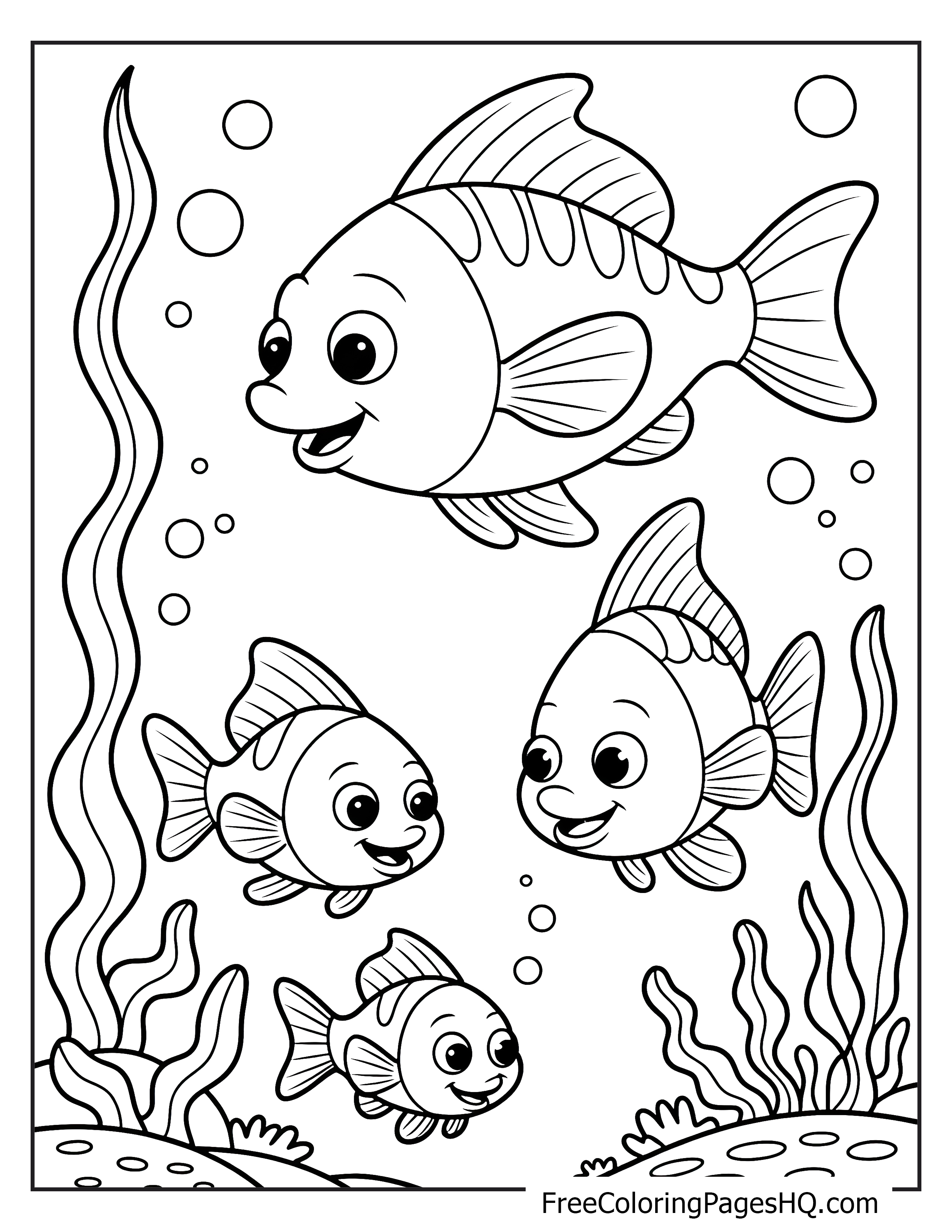 Three cheerful fish swim with bubbles and seaweed around them.