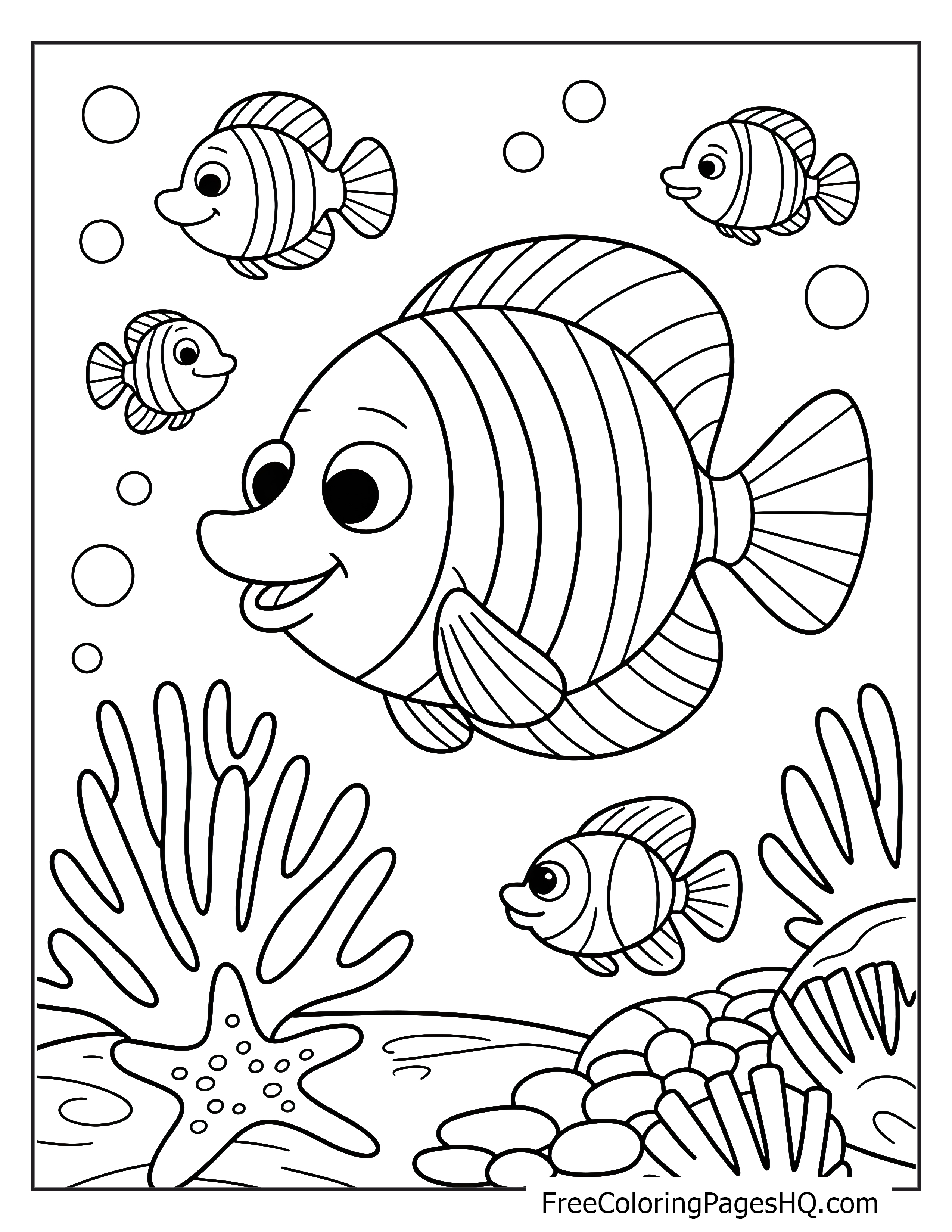 Smiling fish and underwater plants illustration for kids.