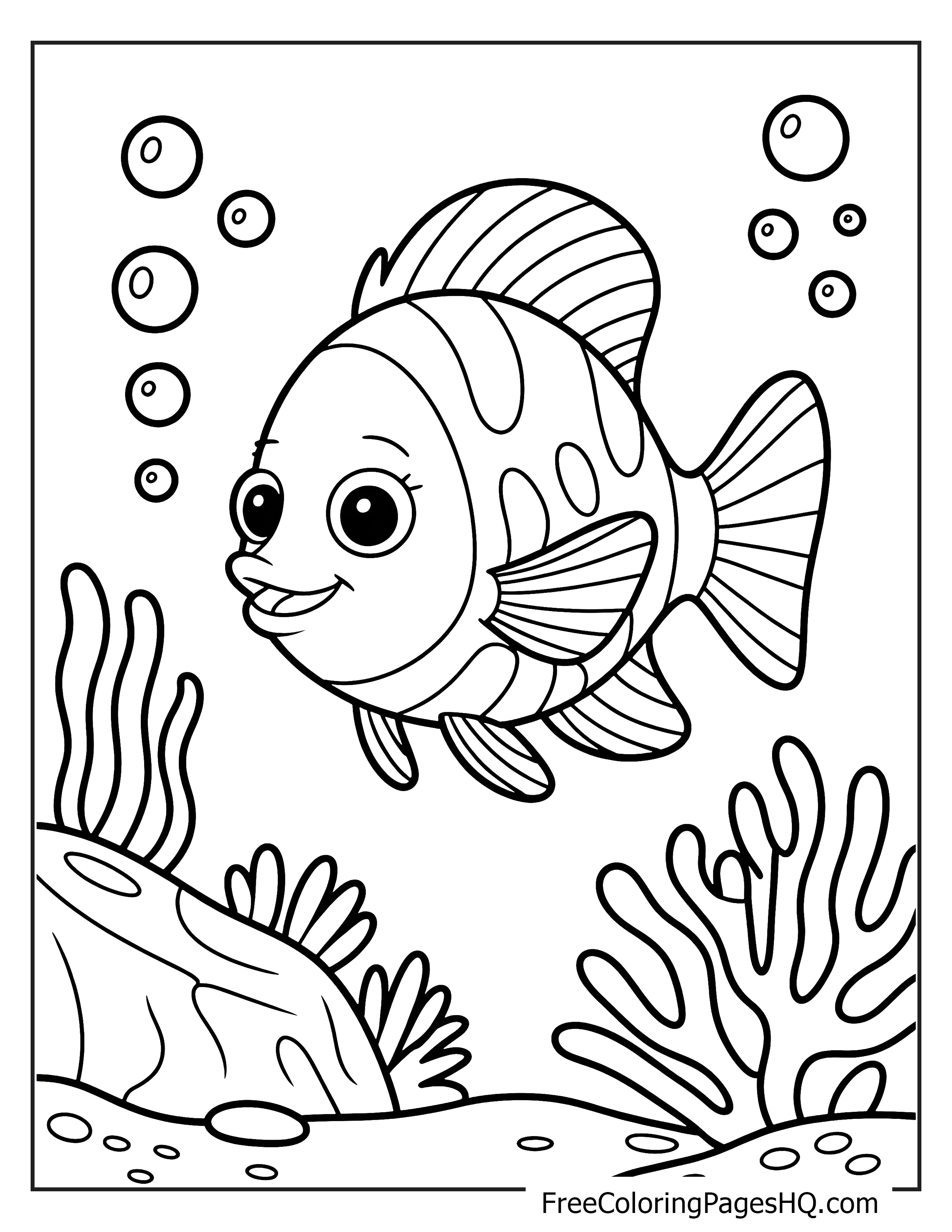 Happy fish swimming near coral illustration for kids.