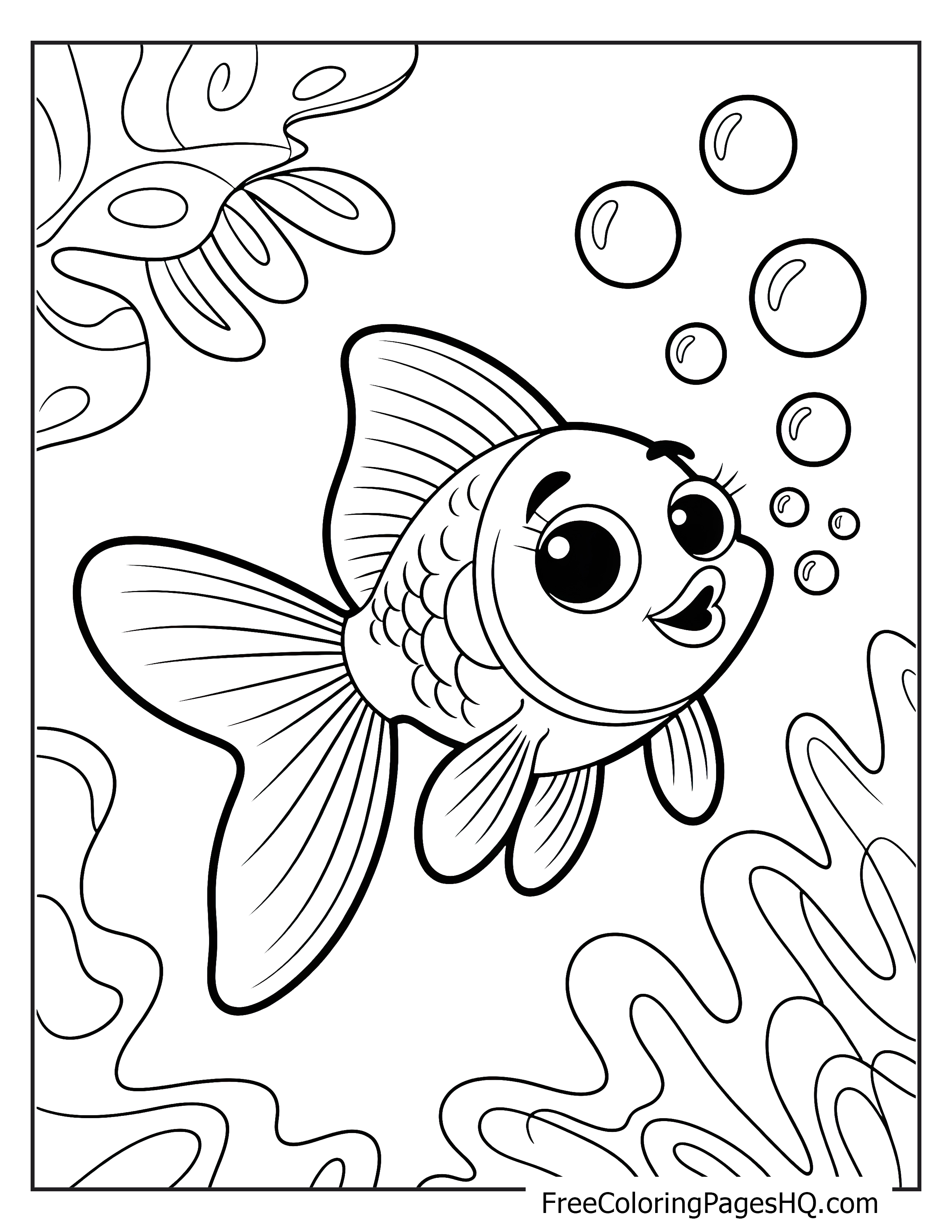 Happy fish blowing bubbles underwater with coral backdrop.