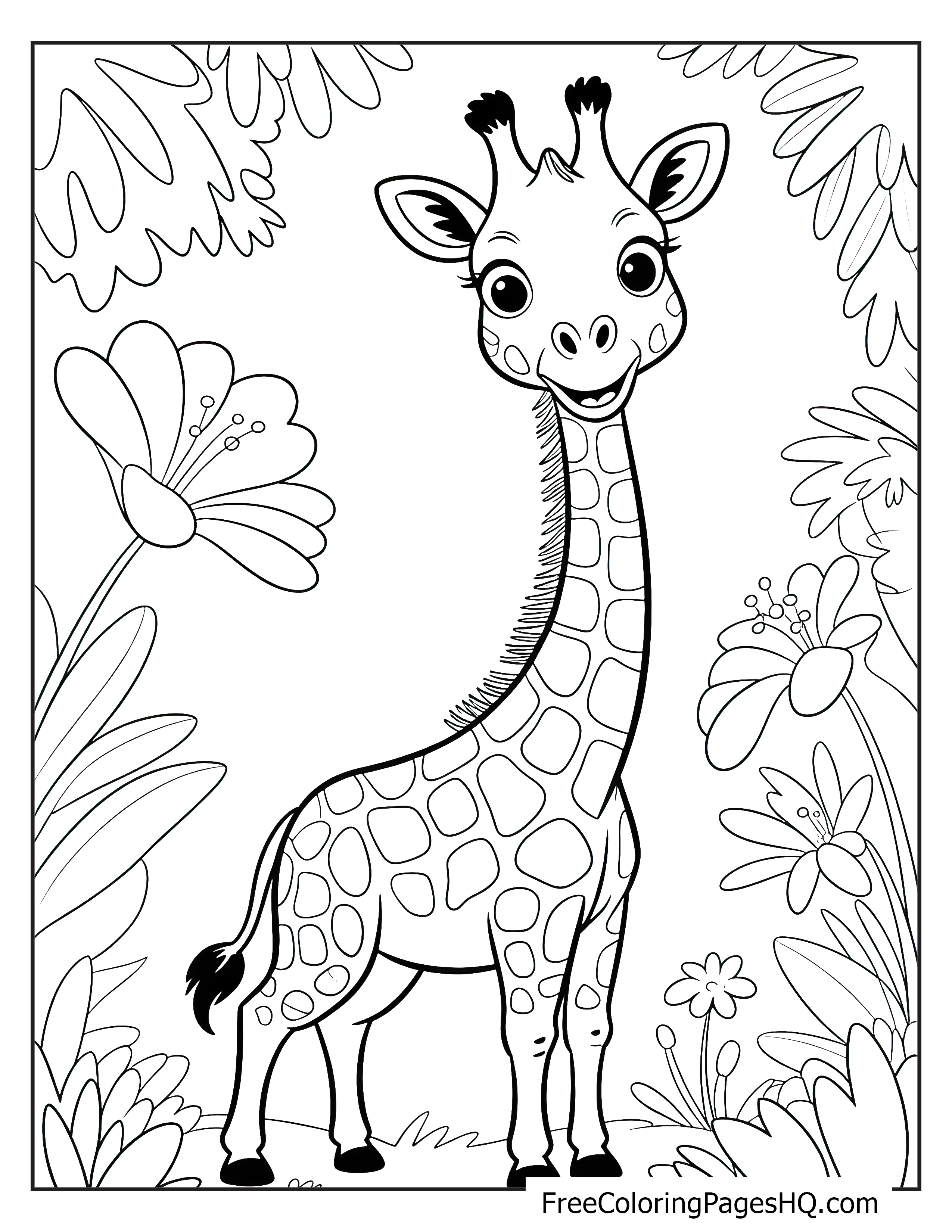 A smiling giraffe surrounded by large flowers and leafy plants.
