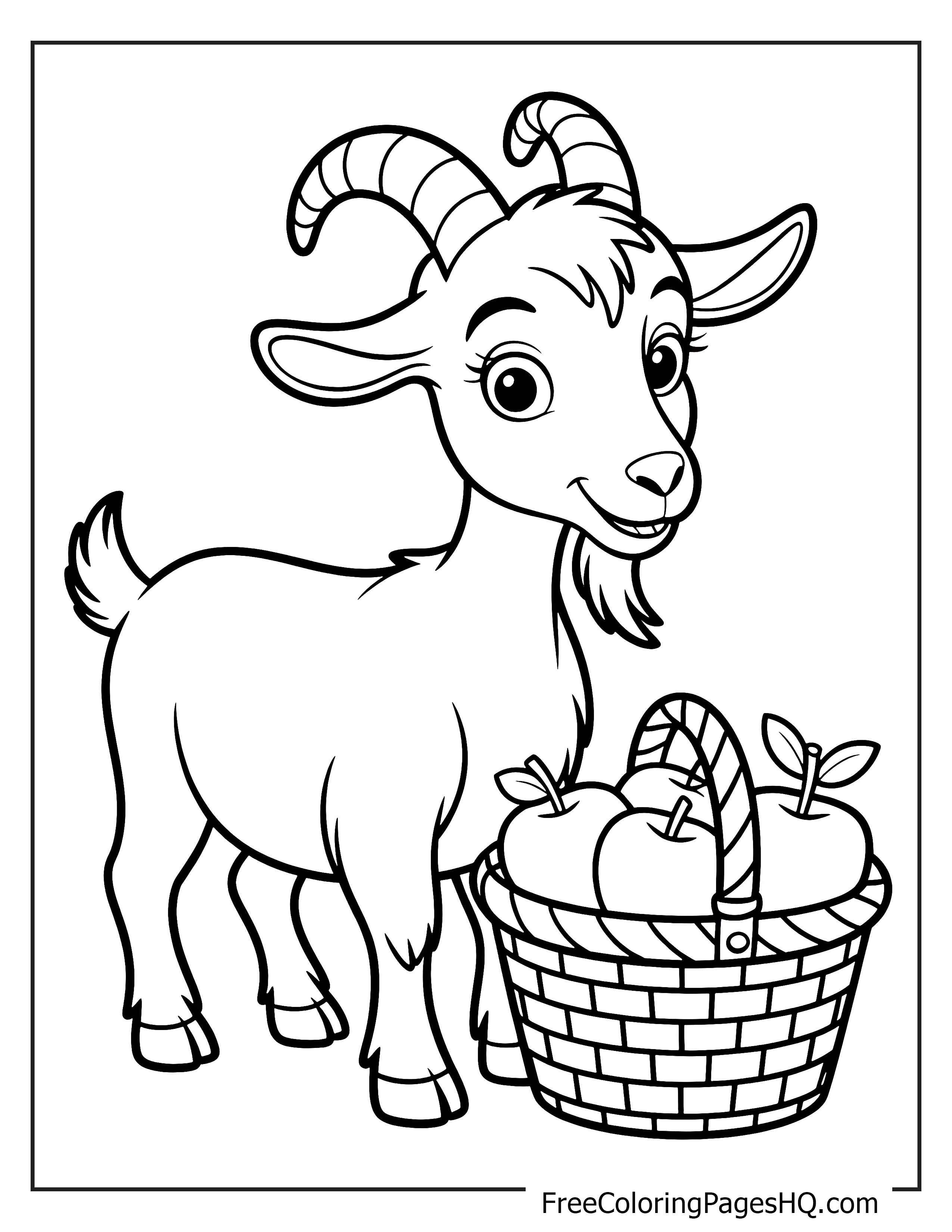 A smiling goat next to a basket of apples.