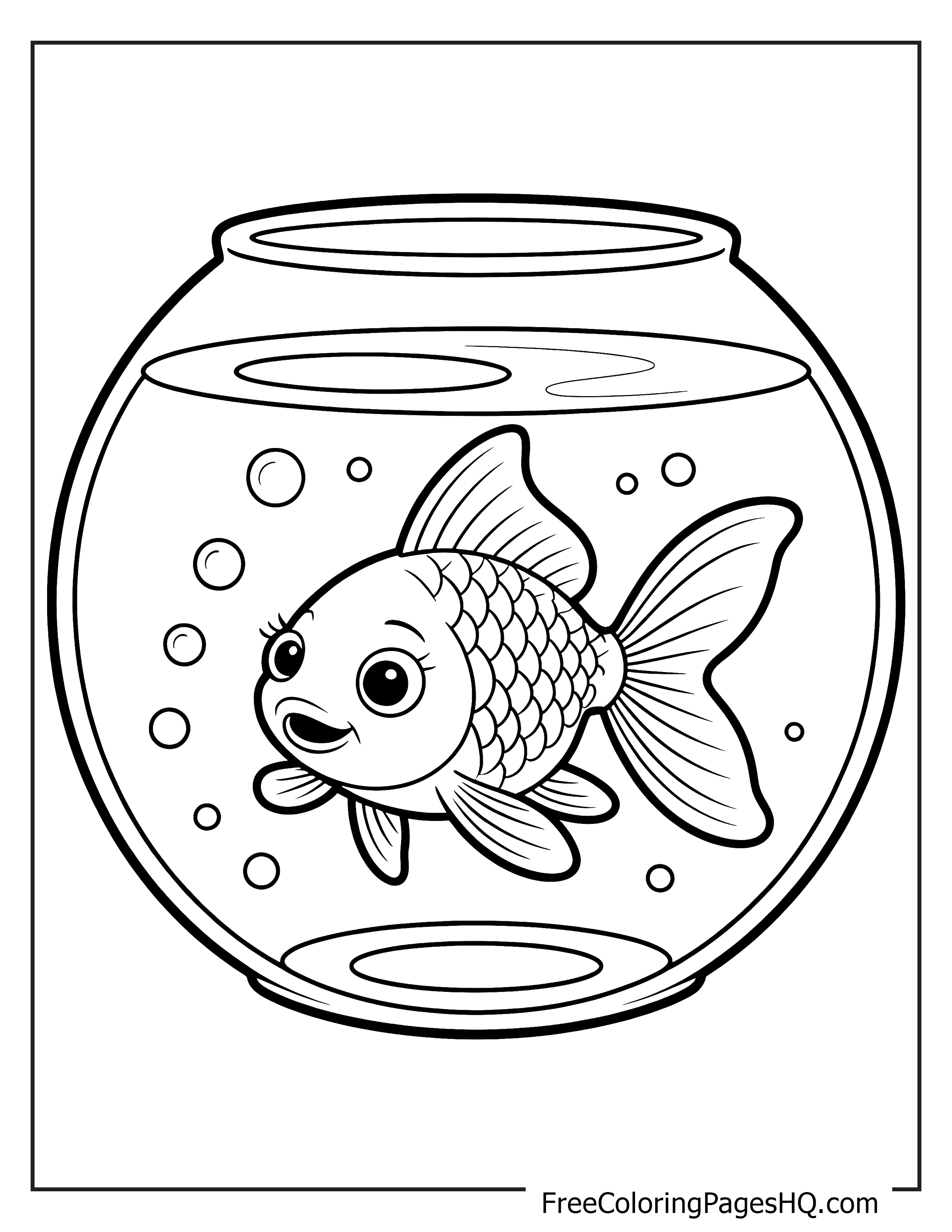 Happy goldfish inside a bowl with bubbles illustration.