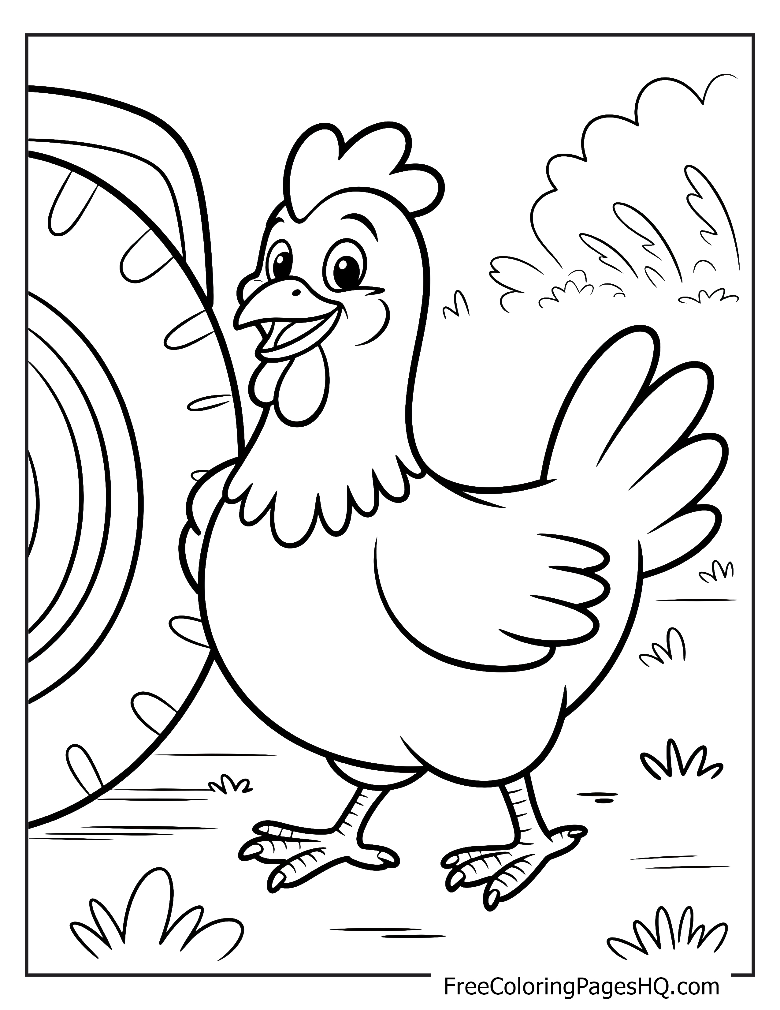 A happy hen stands next to a wagon wheel in a garden setting.