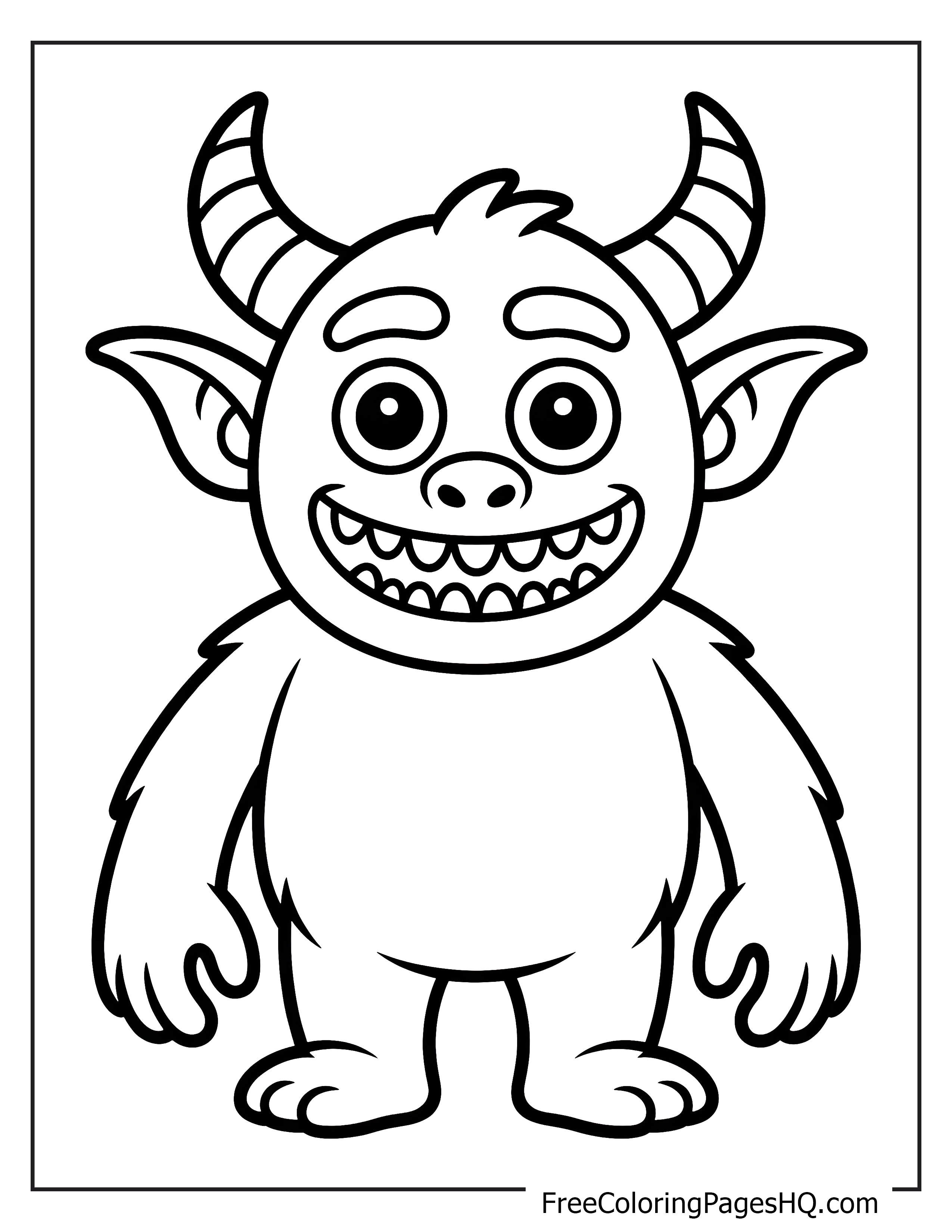 A happy monster with large eyes and horns displaying a big smile.