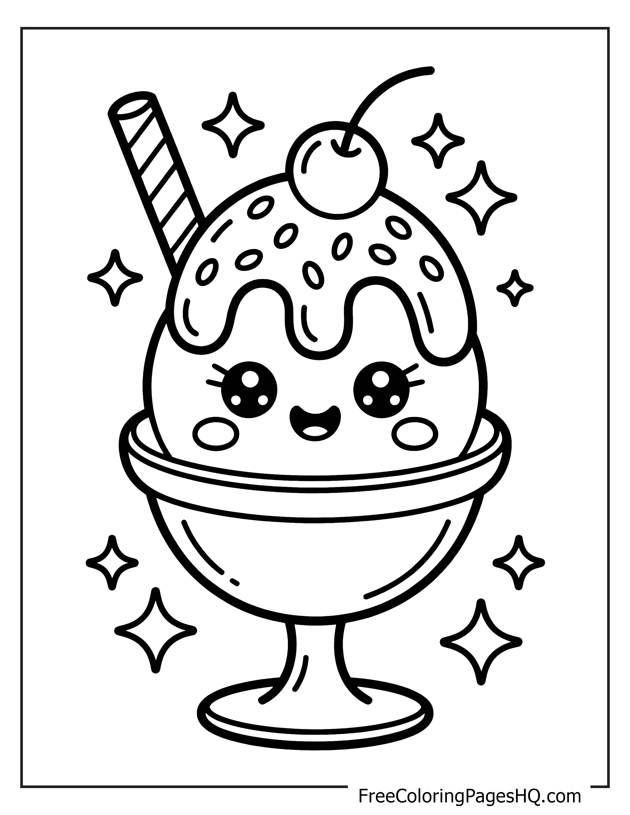 Smiling ice cream sundae with cherry illustration.
