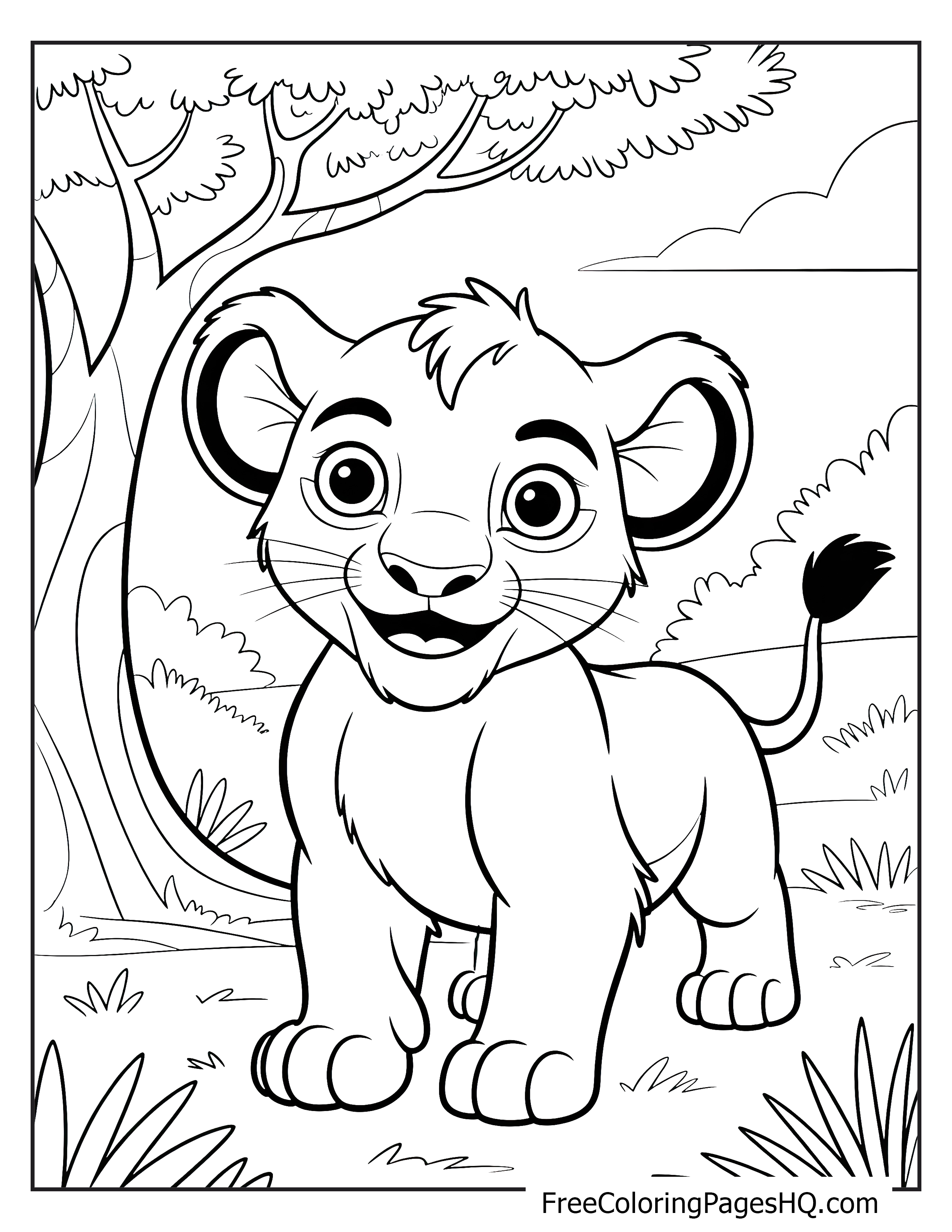 A smiling lion cub in a grassy jungle with trees around.