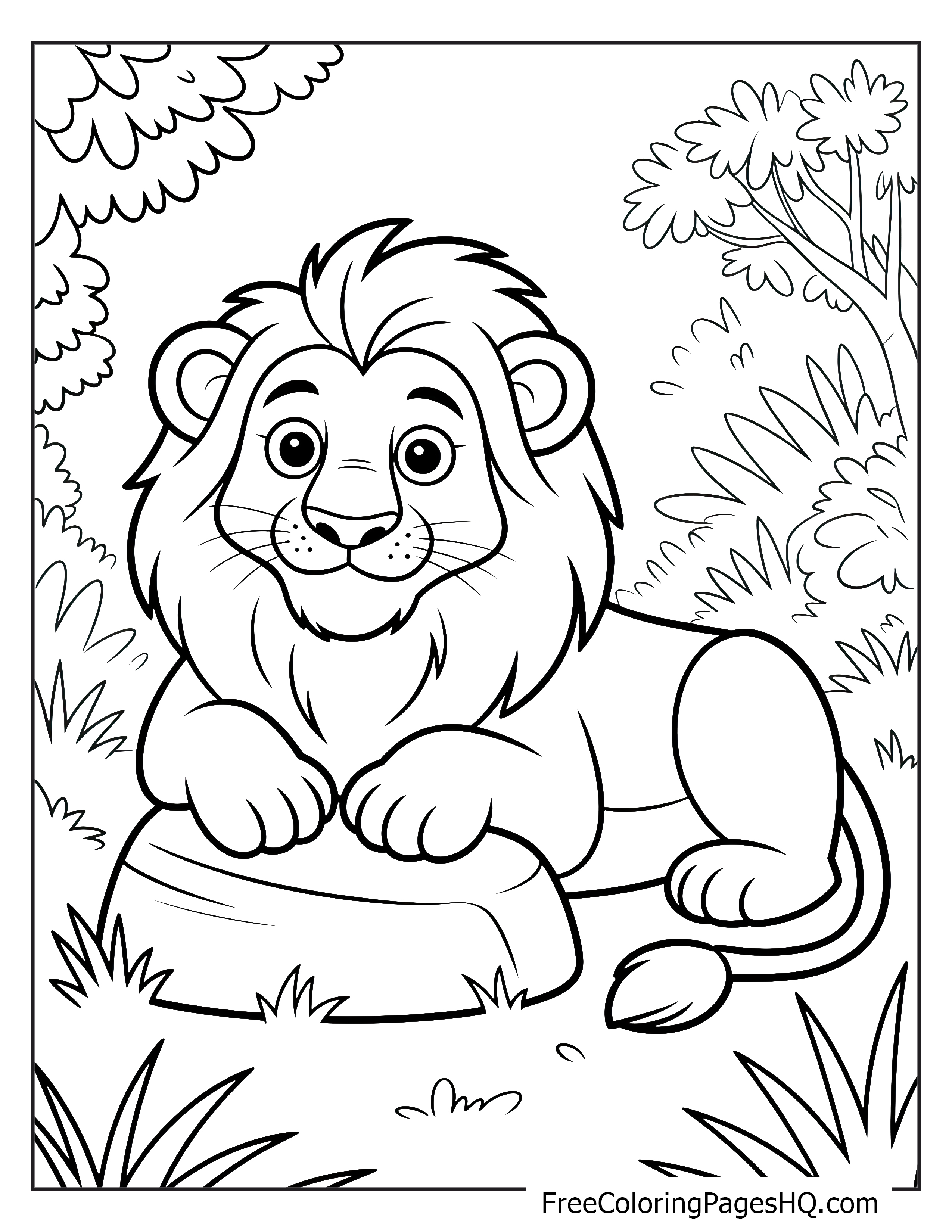 A cartoon lion happily resting on a rock in a jungle setting.