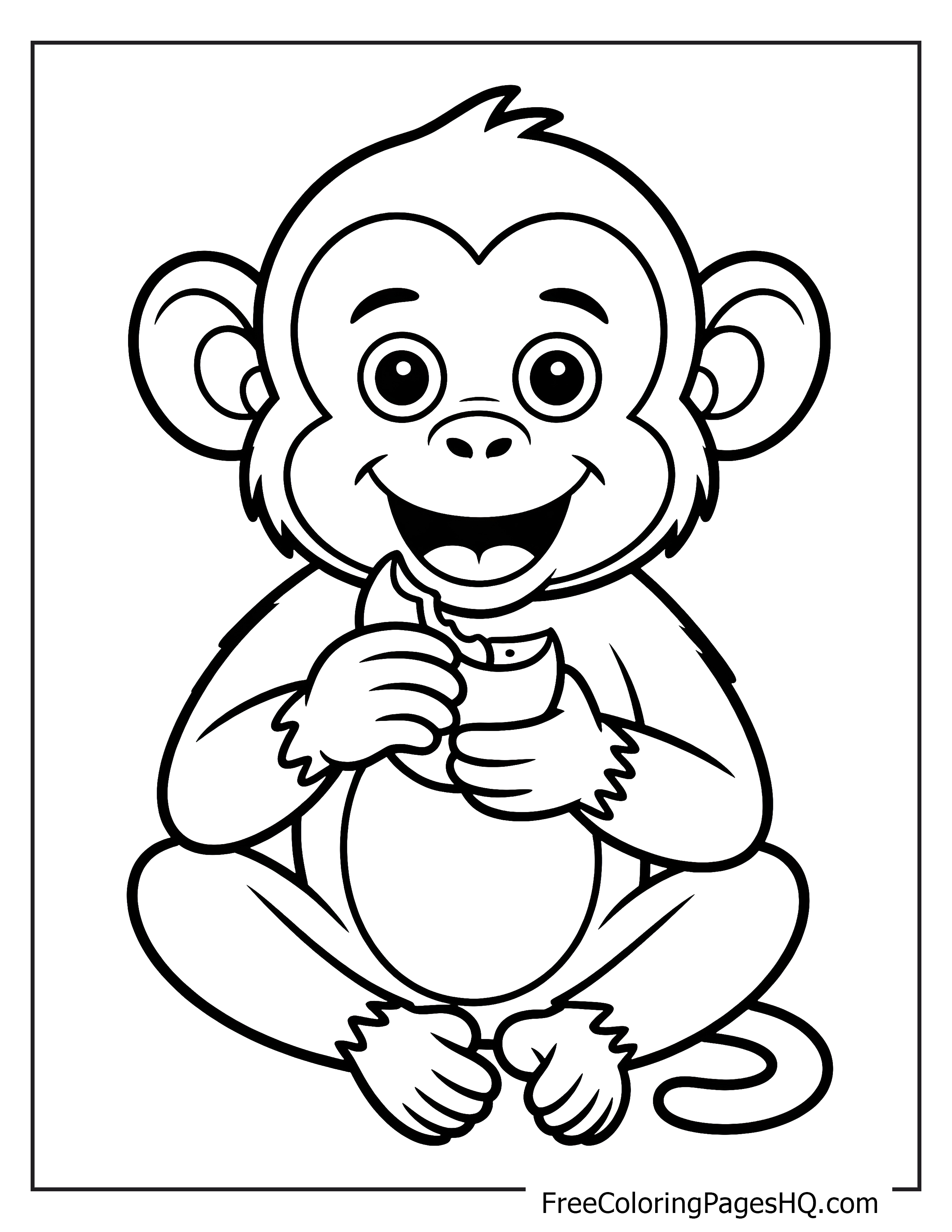 A smiling monkey sits eating a banana, looking cheerful.