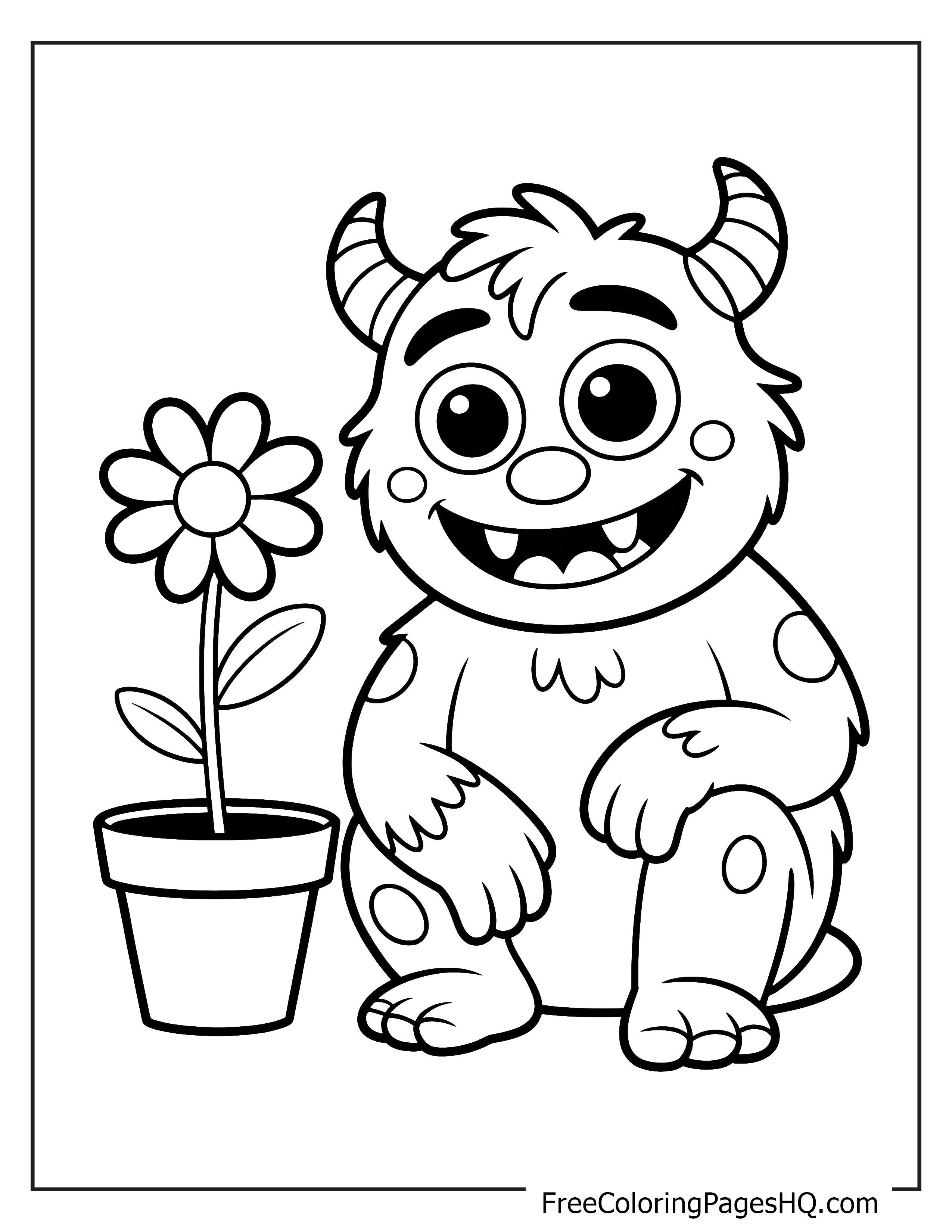 A cute monster with horns sits beside a potted daisy.