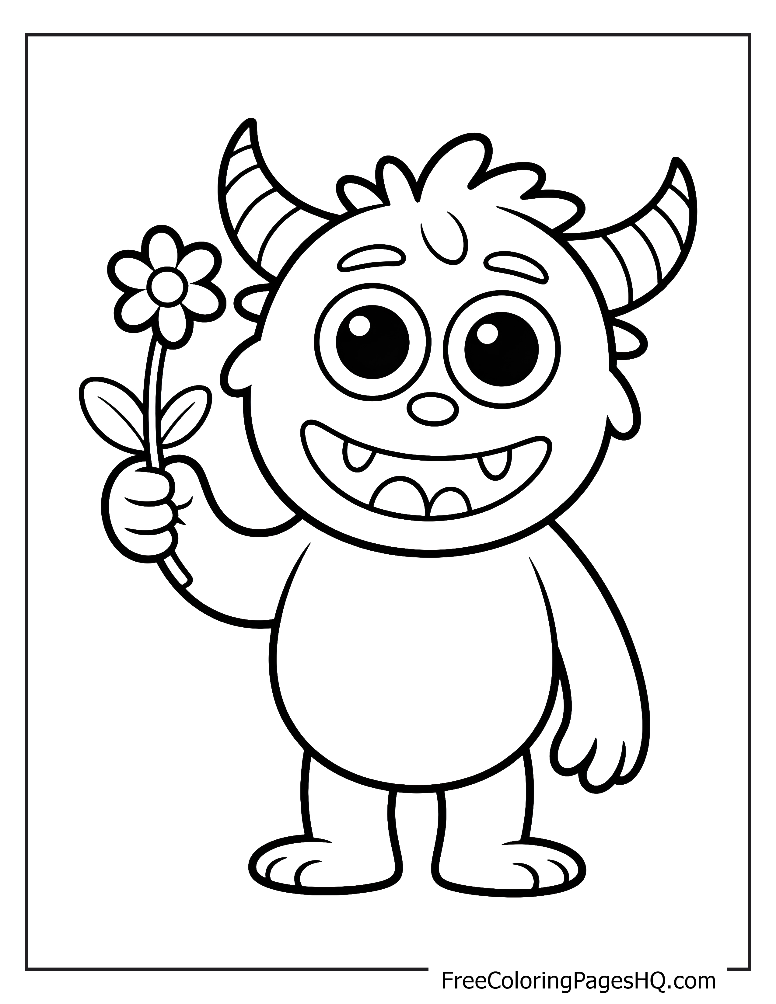Smiling monster with horns holding a daisy flower.
