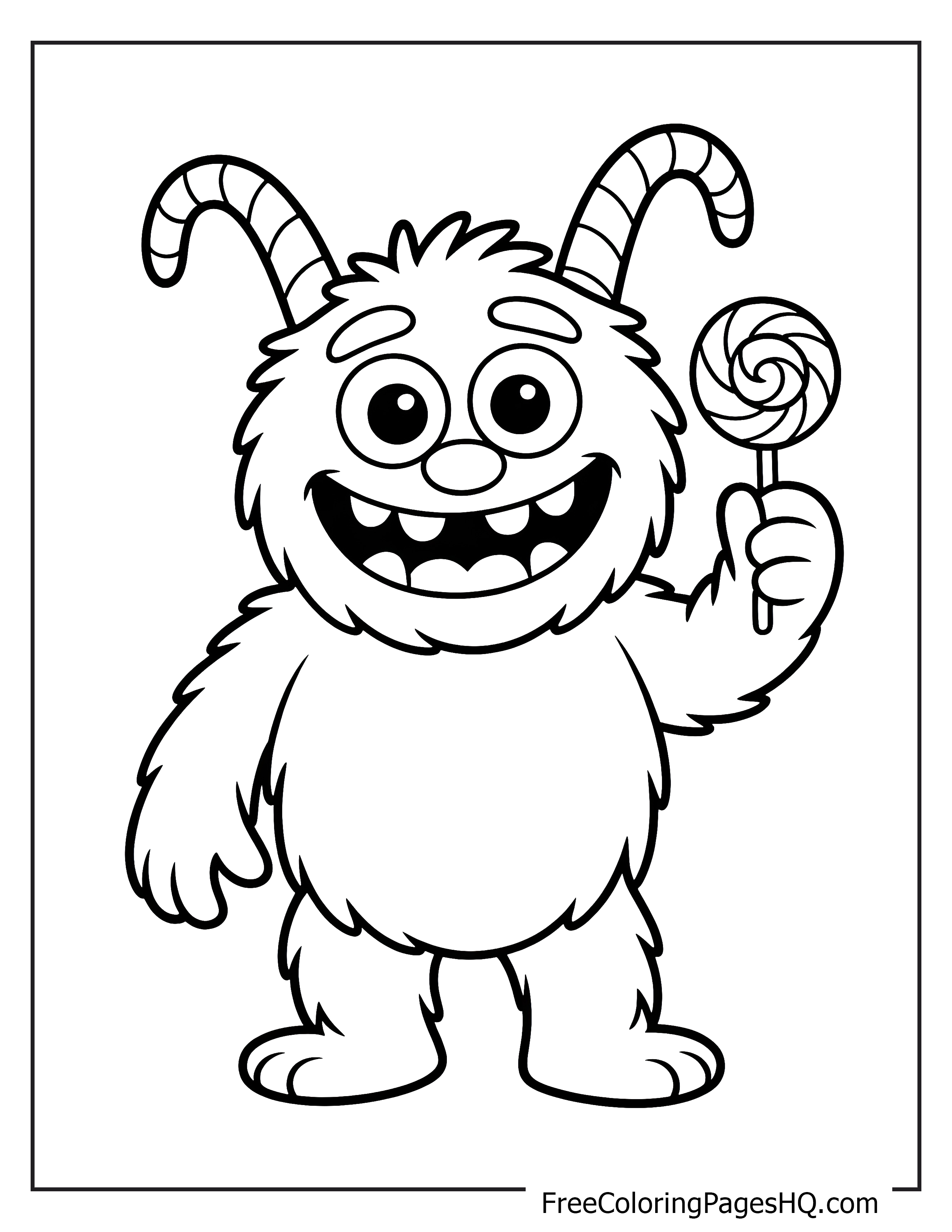 A happy monster with horns holding a large lollipop.