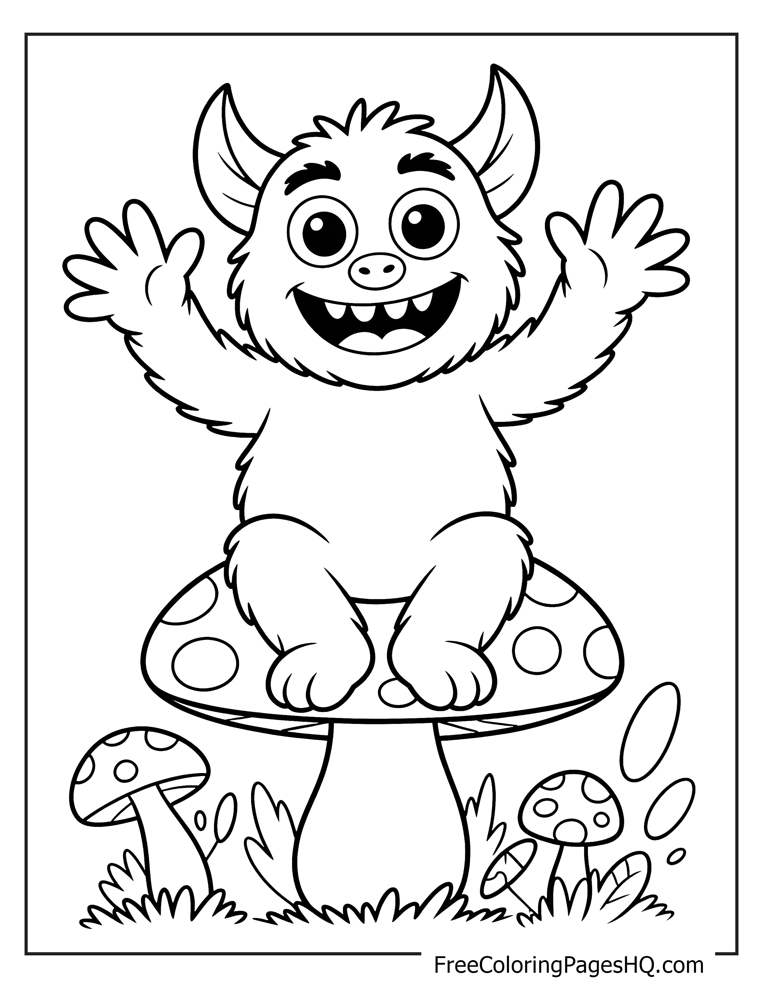 Cartoon monster sitting on a large mushroom with wide arms and a happy expression.