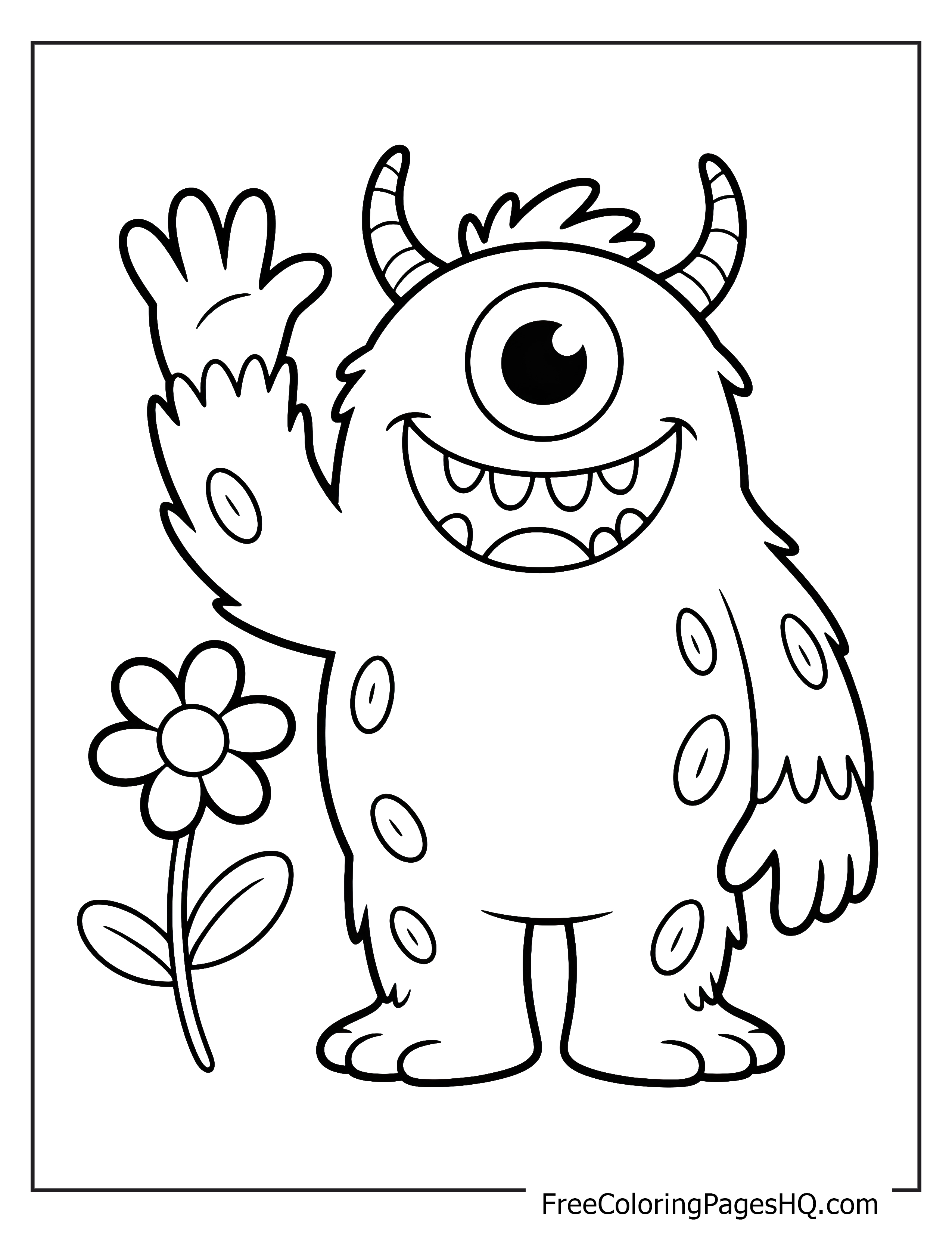 A smiling one-eyed monster waving beside a single flower.