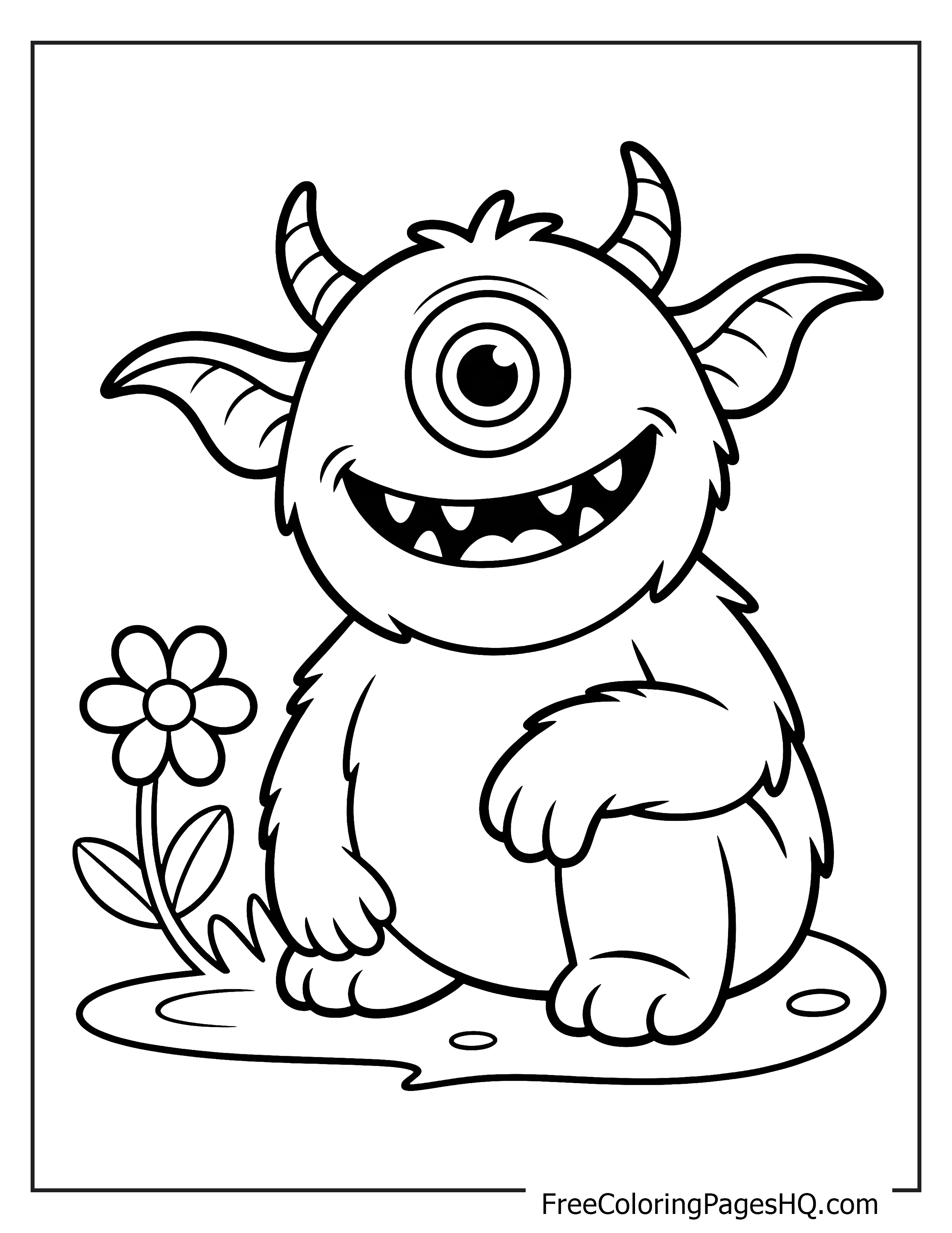 Smiling one-eyed monster sitting next to a flower.