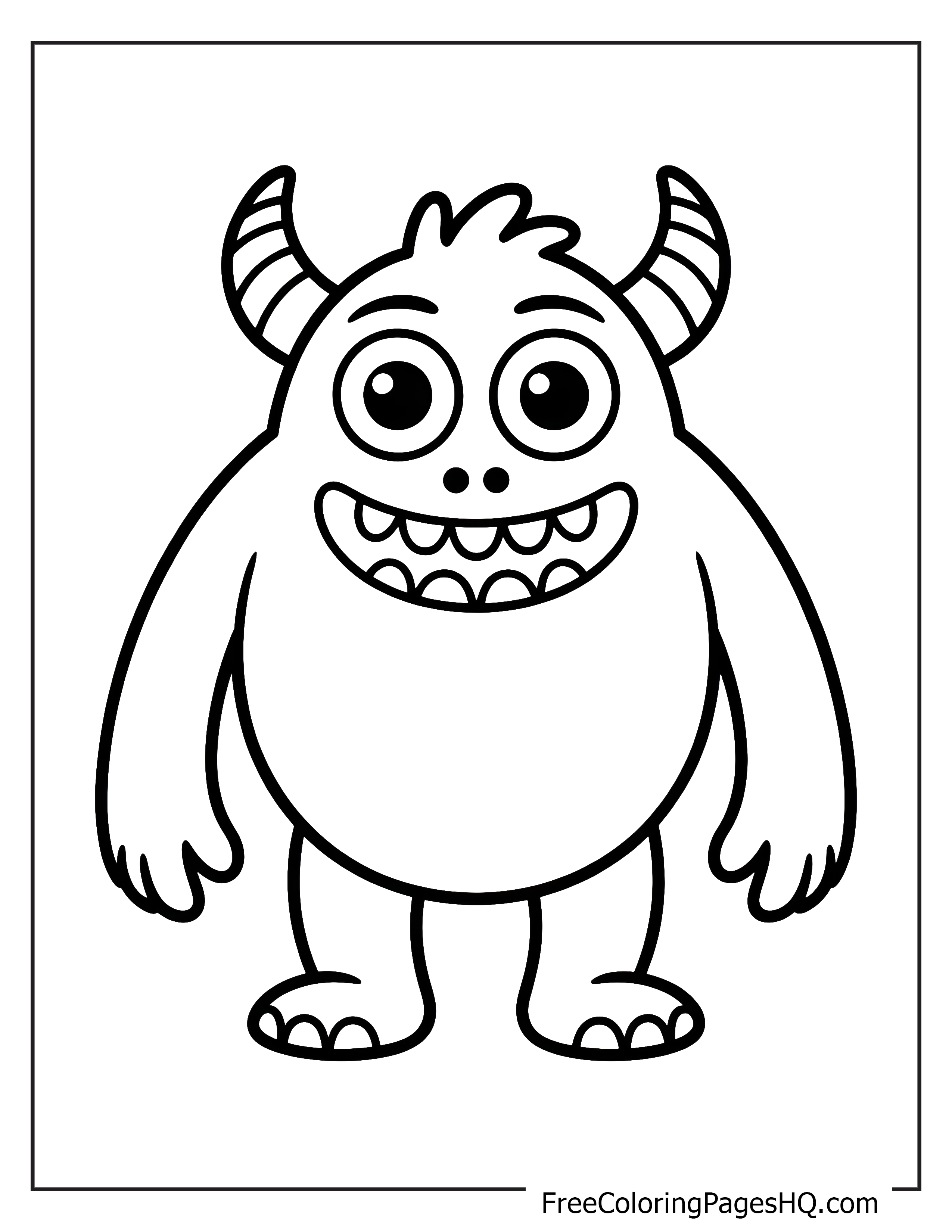 A friendly monster with a big smile and spiral horns.