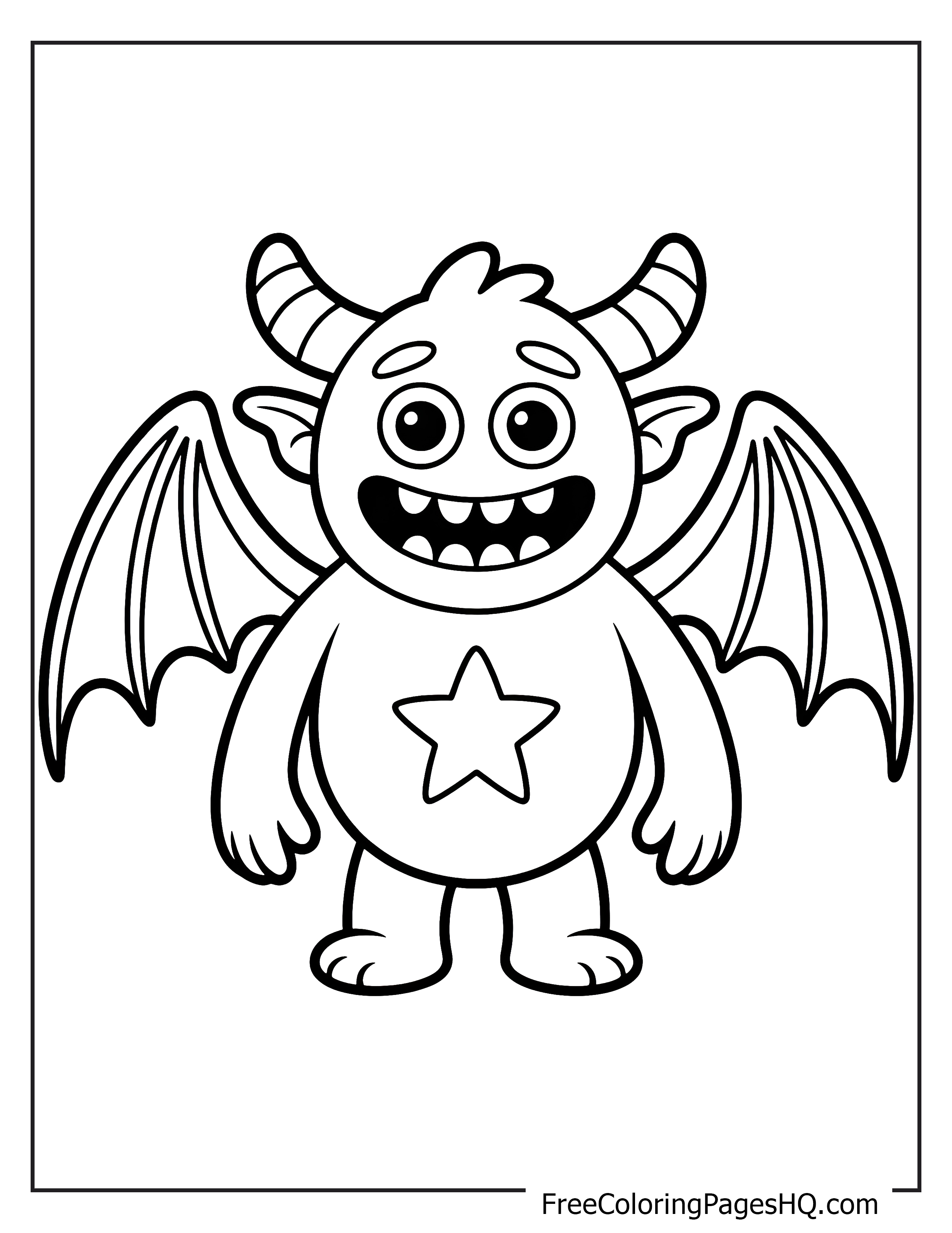 A smiling monster with a star on its belly and small wings looks cheerful.