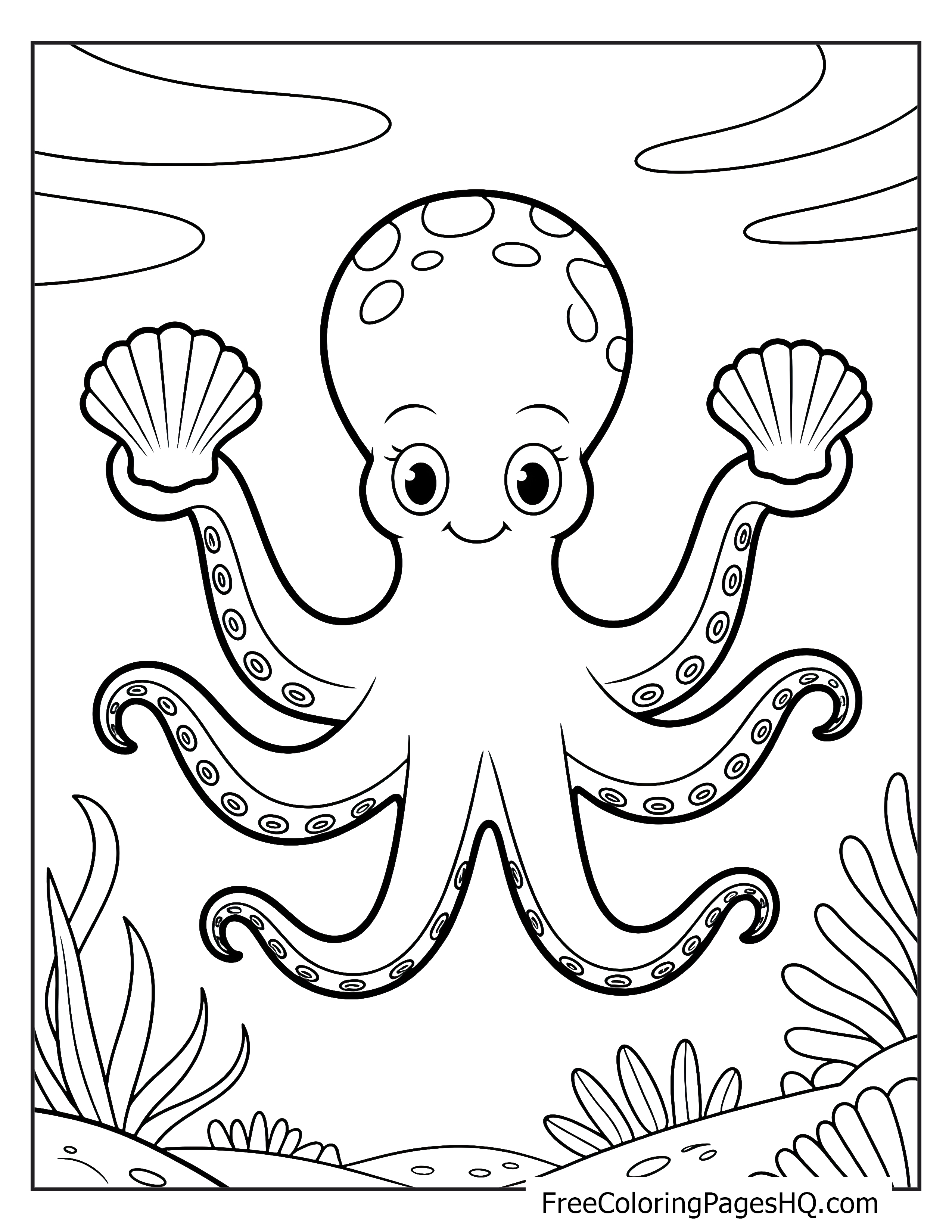 A happy octopus with seashells in its tentacles.