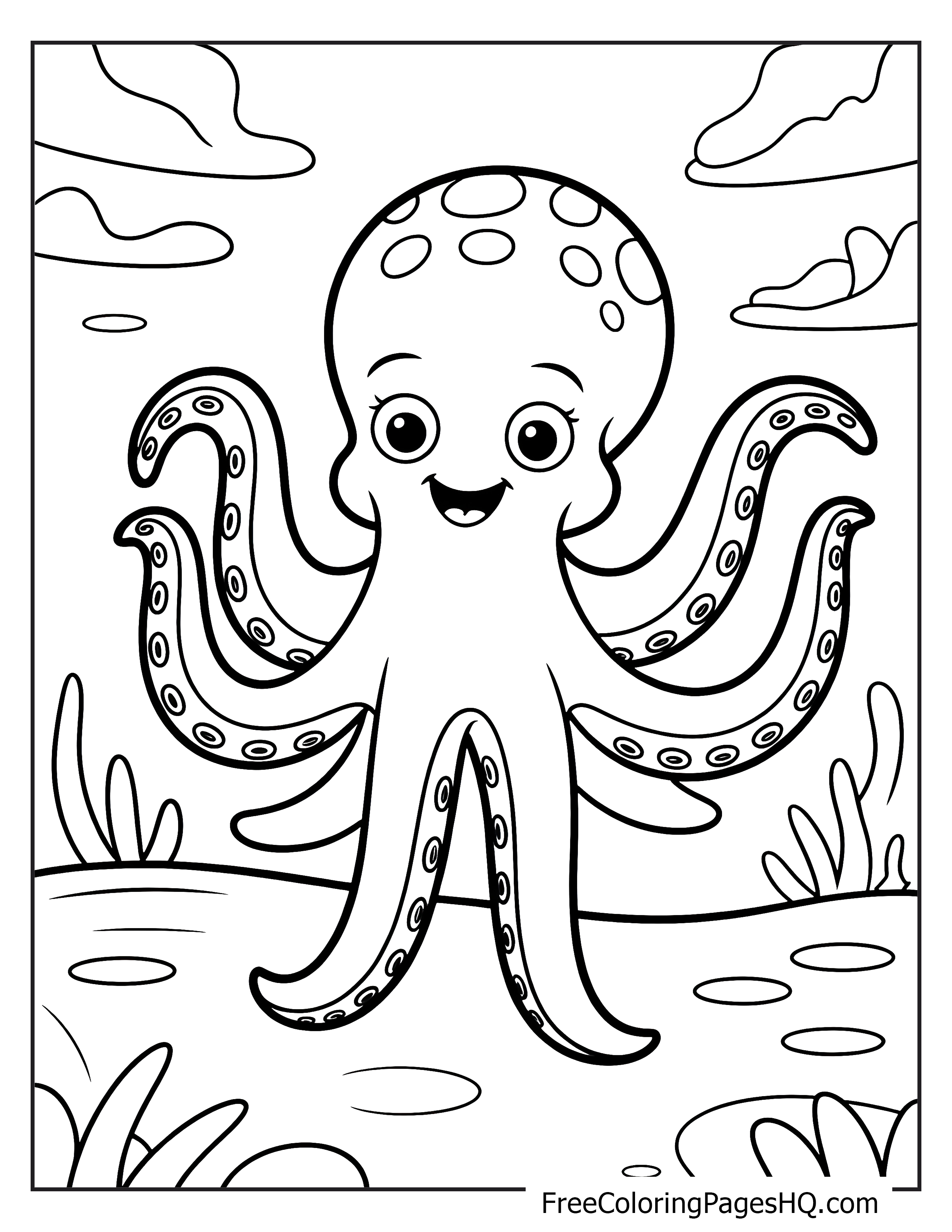 Smiling octopus with raised tentacles in a lively ocean scene.