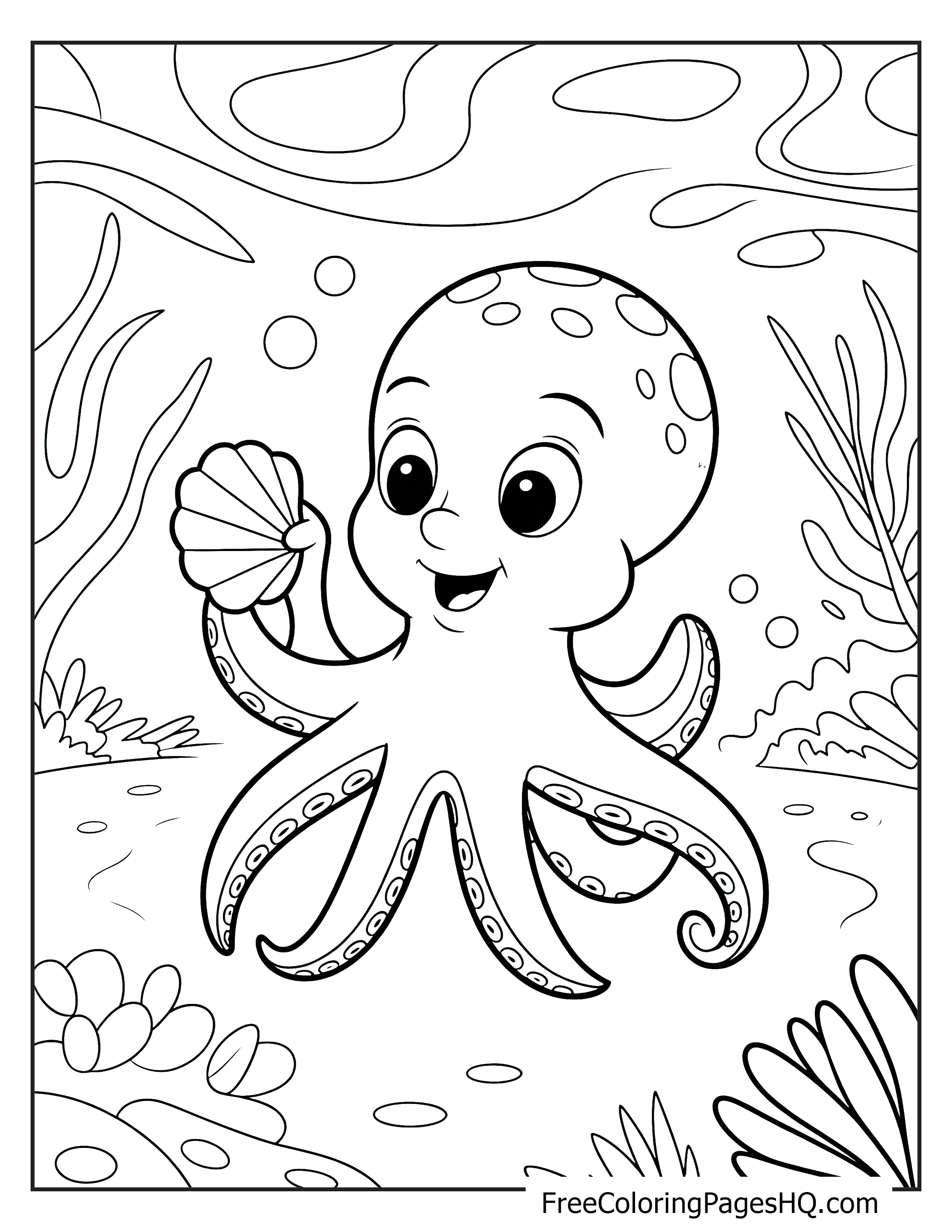 A smiling octopus holding a seashell underwater with seaweed and bubbles.