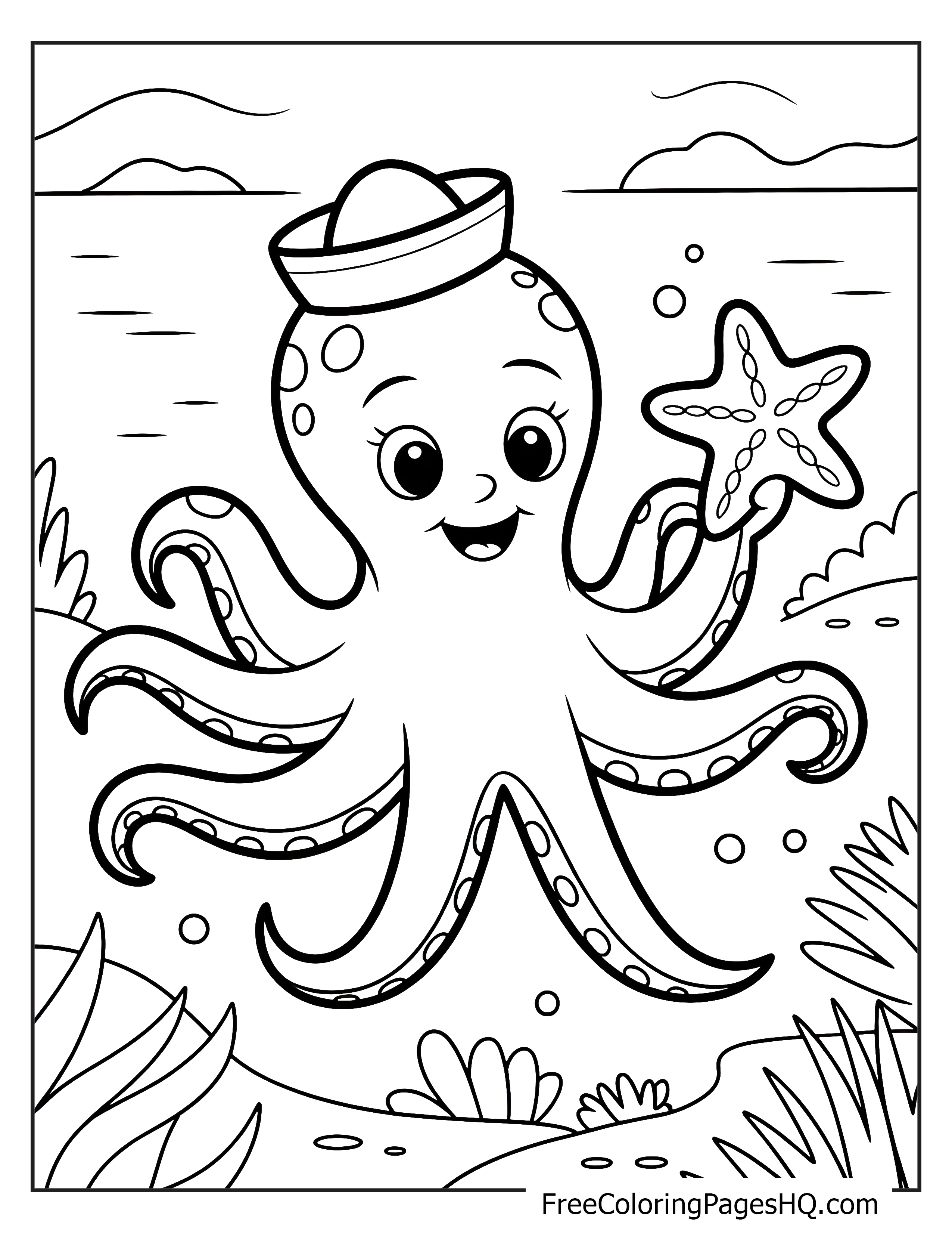An octopus with a sailor hat holding a starfish, with the ocean in the background.