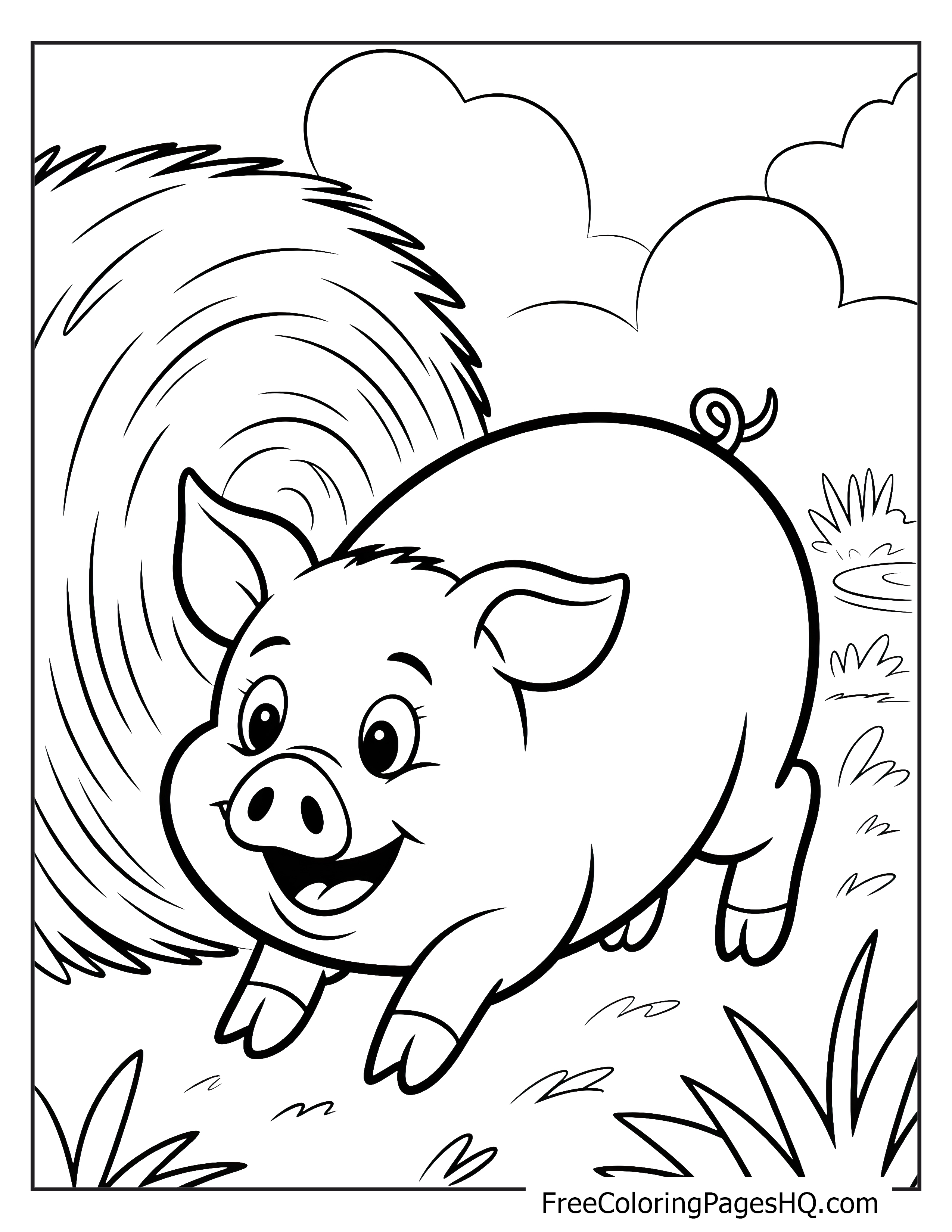 Happy piglet running near a large haystack under a clear sky.