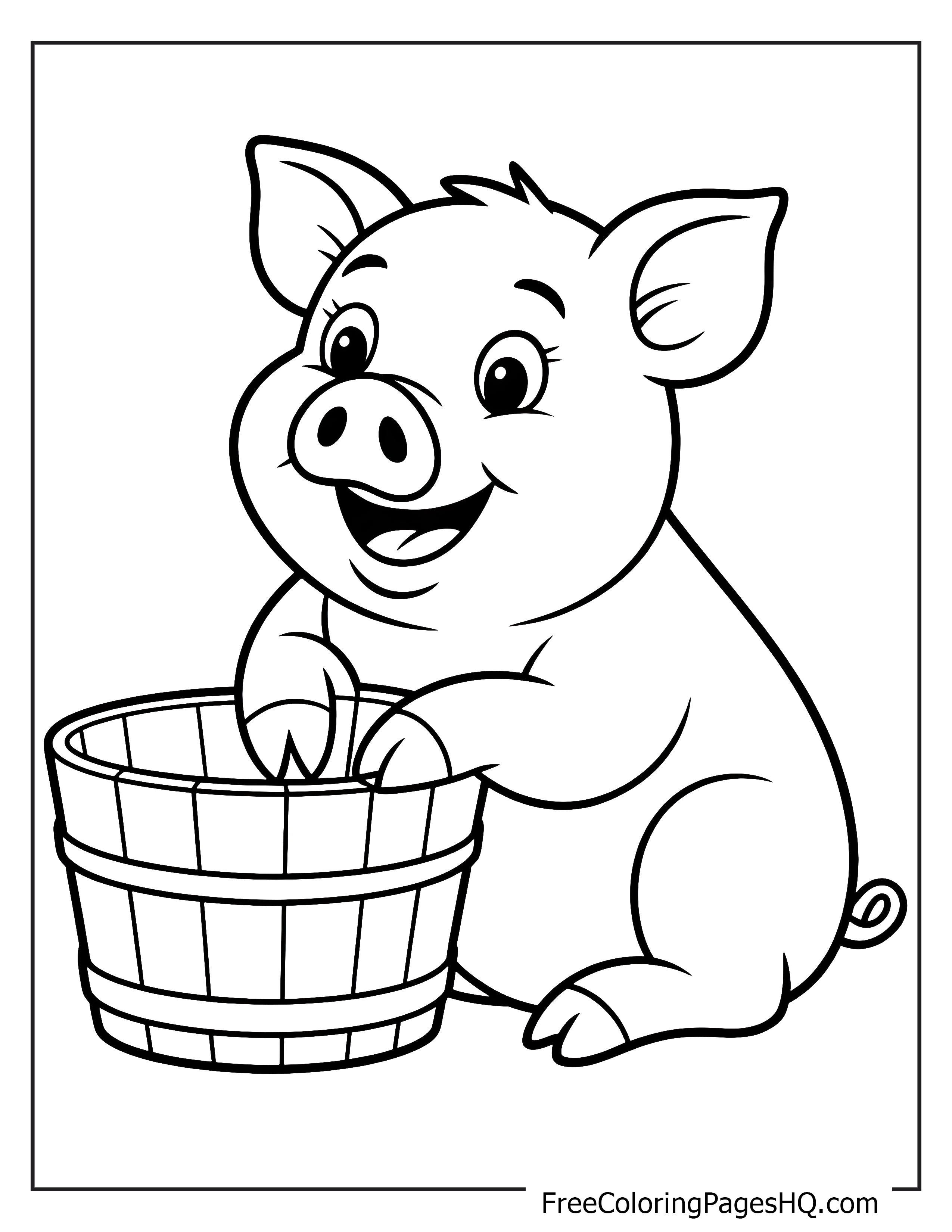 A happy piglet with a wooden bucket in front.