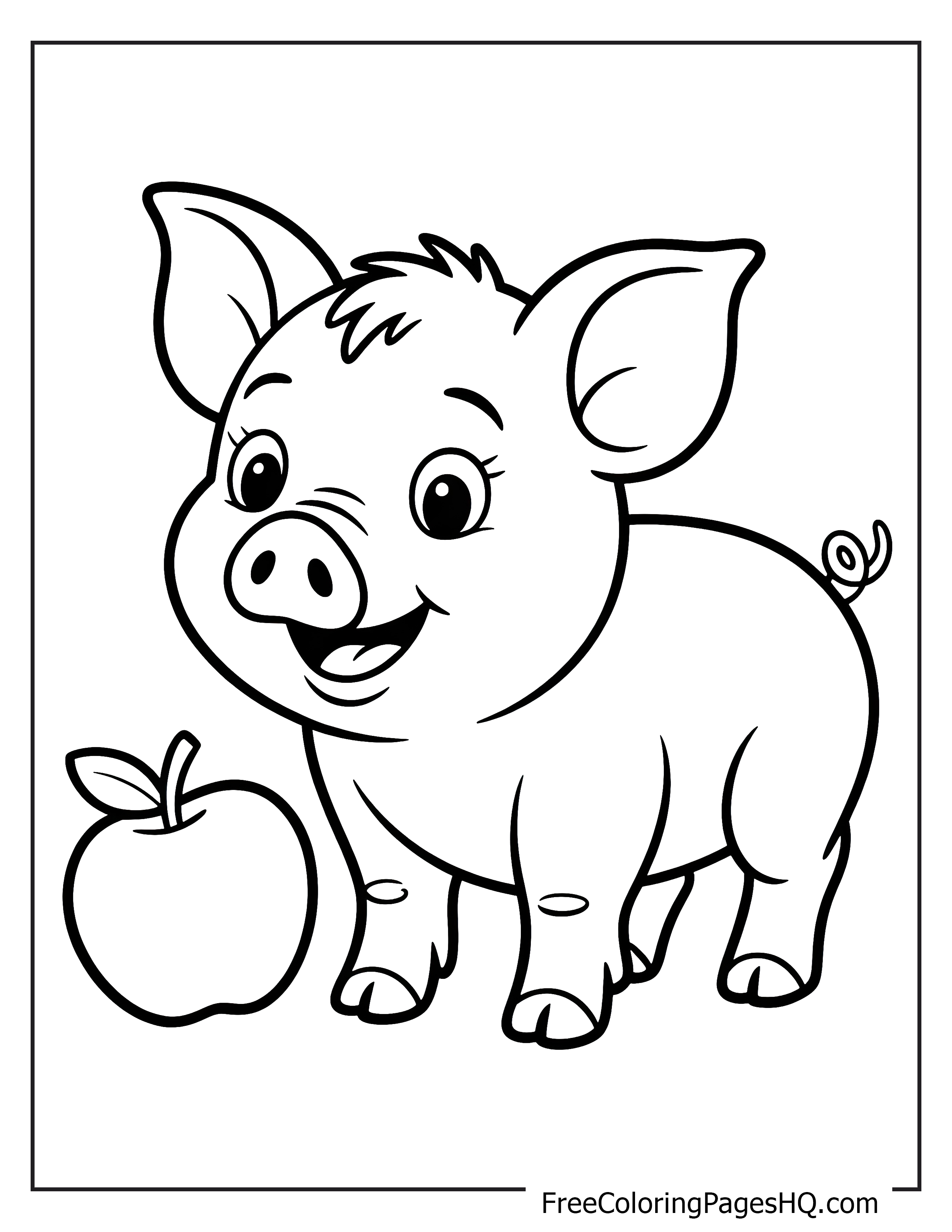 A joyful piglet next to an apple with a cheerful expression.