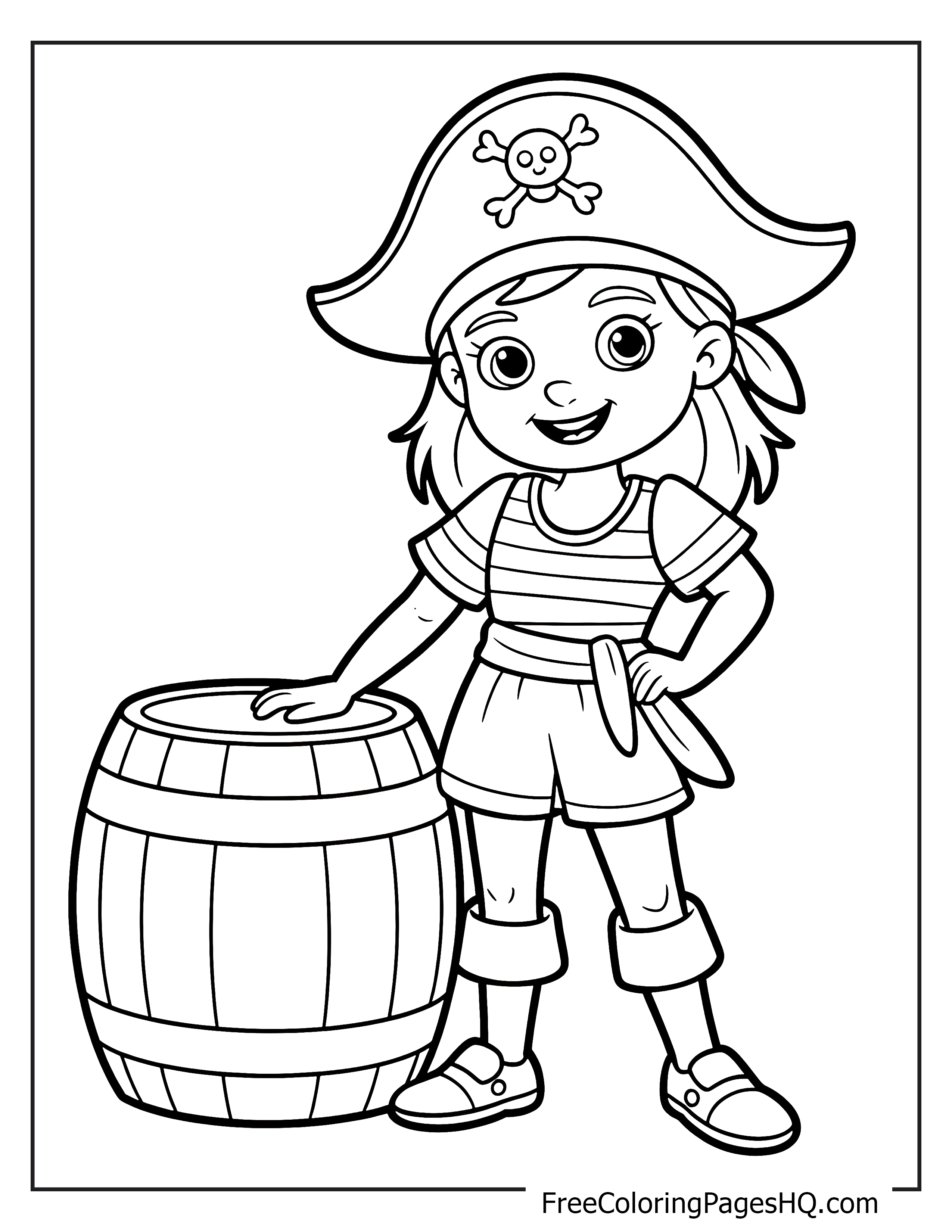 A smiling child dressed as a pirate stands by a barrel.