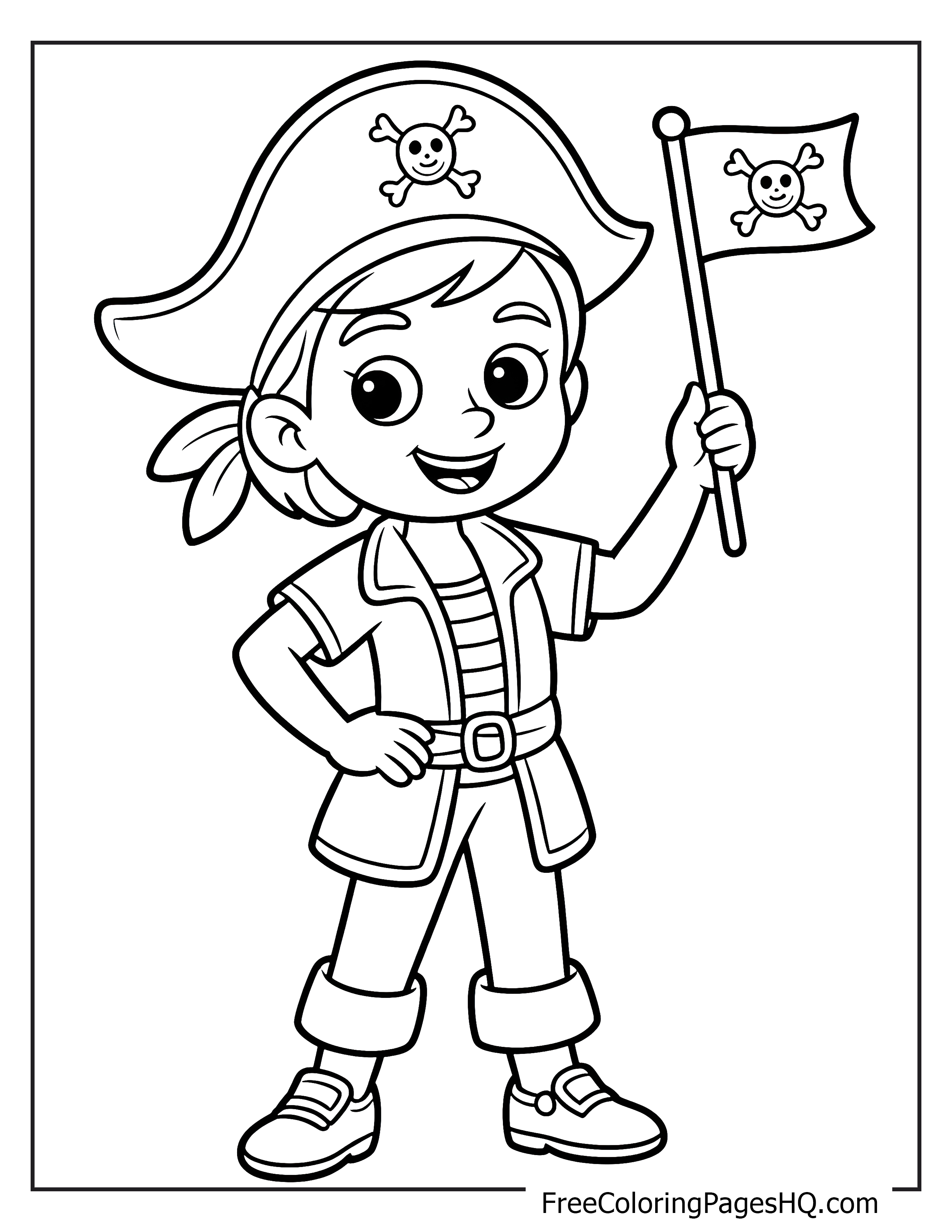 A young pirate with a hat and a flag smiles confidently.