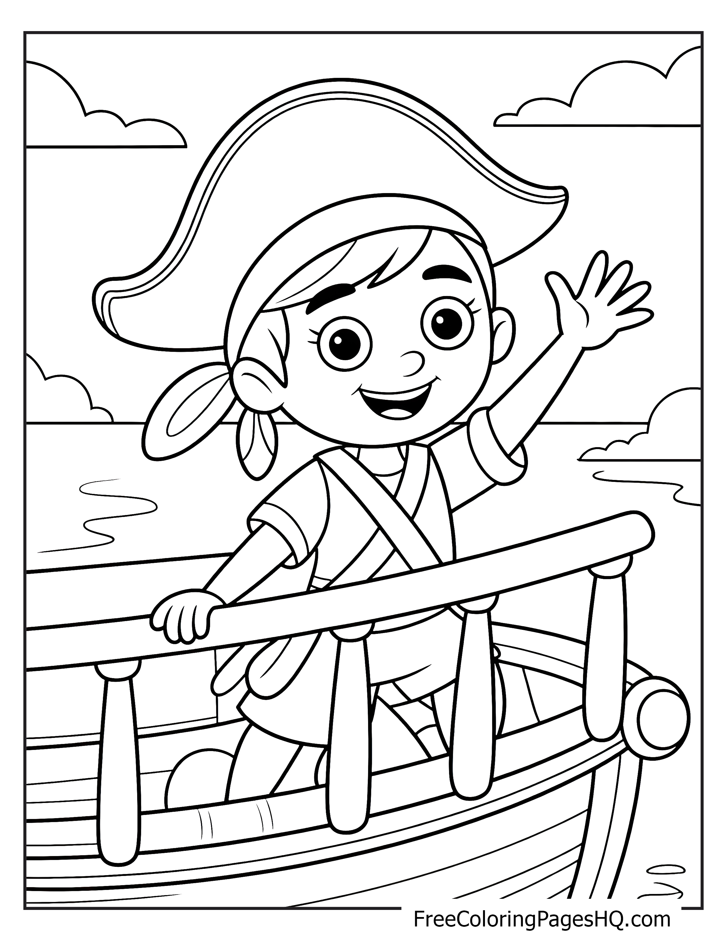 A happy young pirate waves from a boat on the ocean.