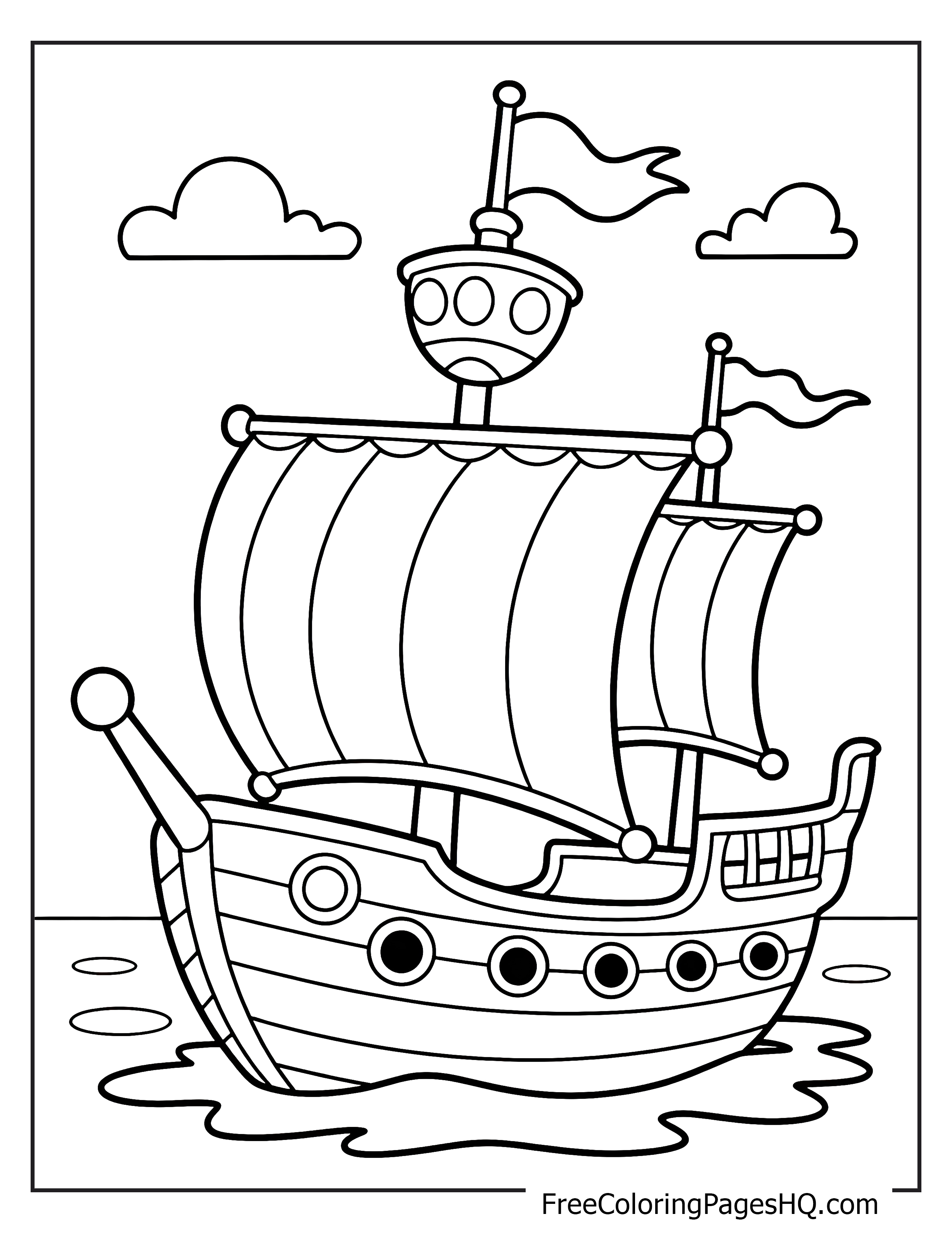 A pirate ship with sails unfurled glides on the ocean, surrounded by clouds.