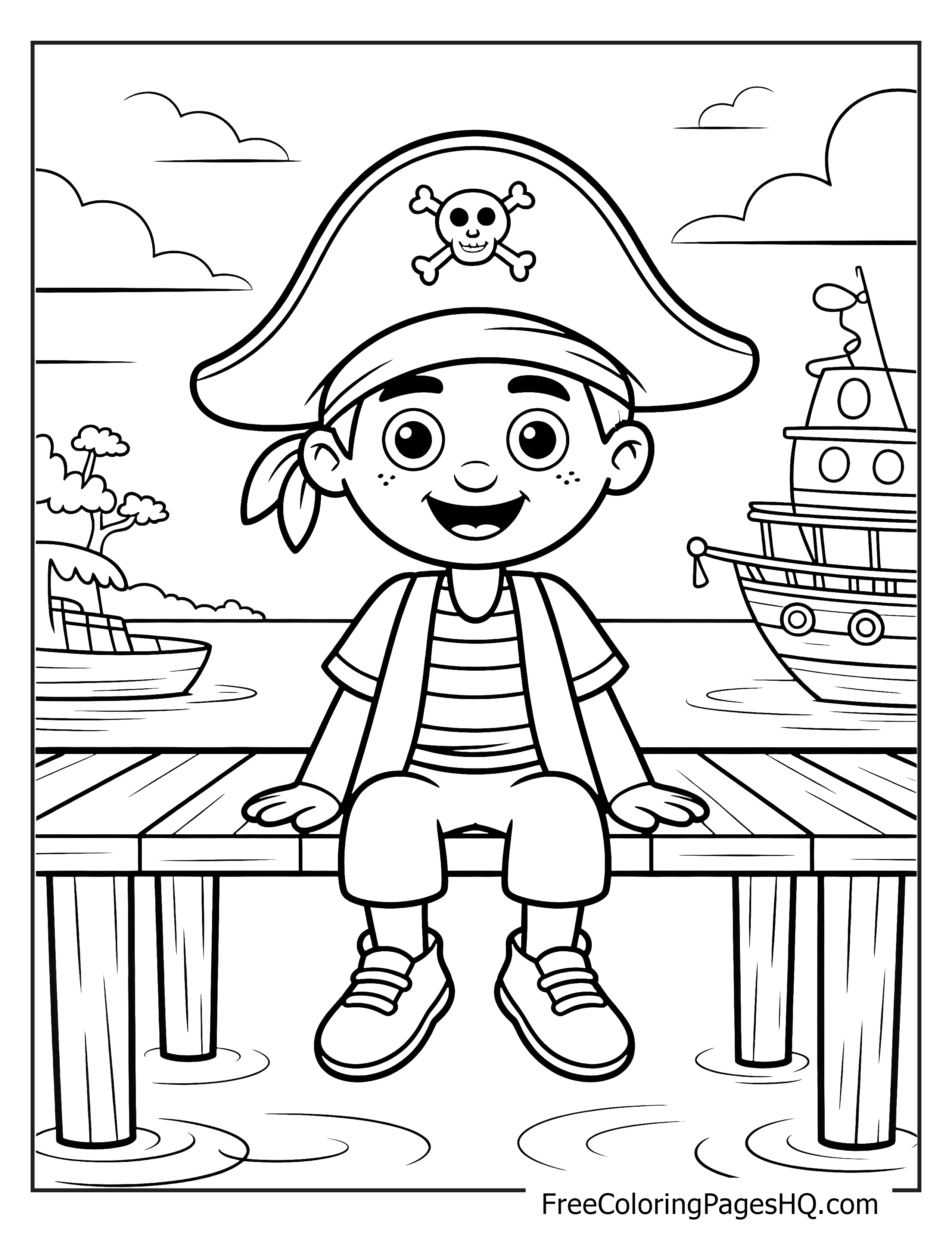 A happy little pirate sits on a dock with ships in the background.