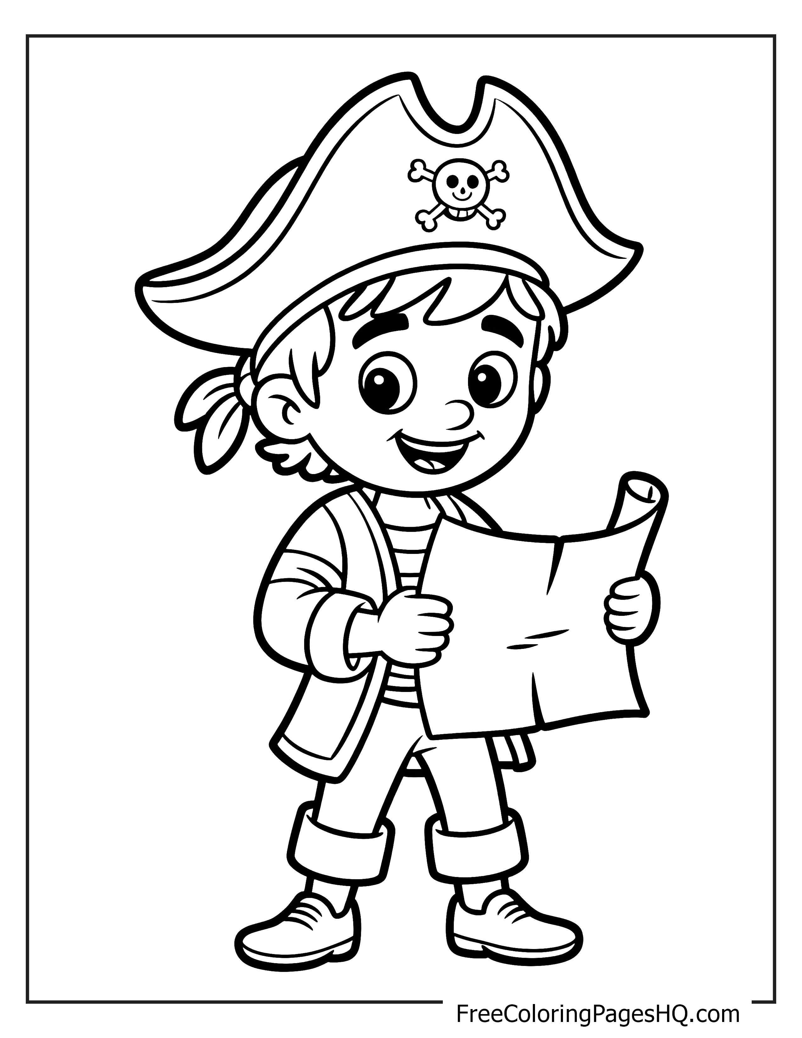 Young pirate holding a map, smiling eagerly.