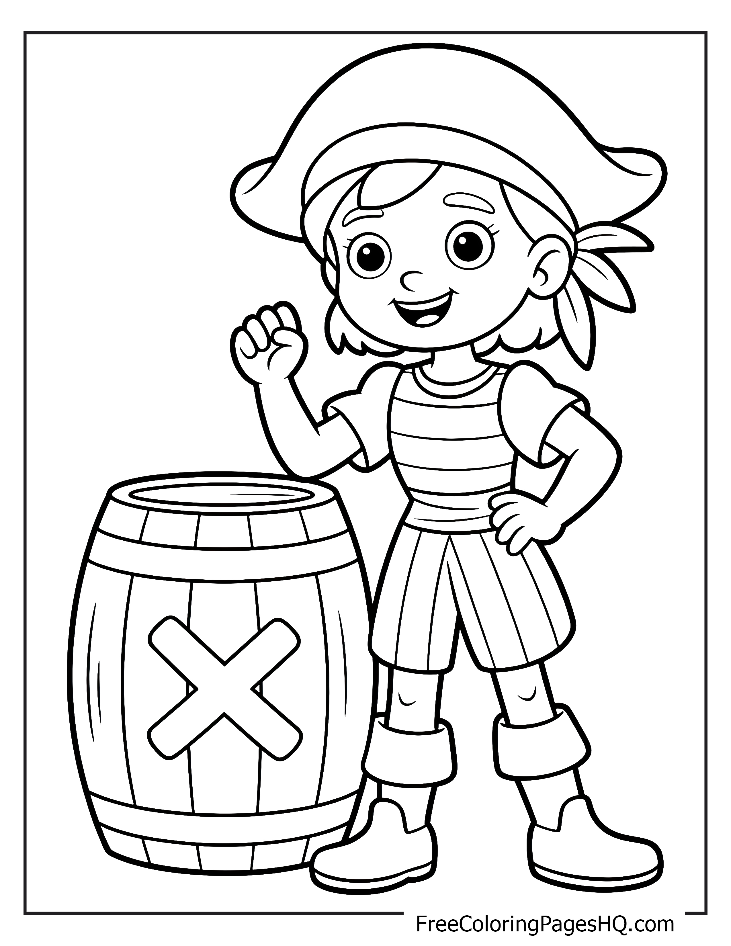 A cheerful young pirate waving next to a wooden barrel with an X on it.