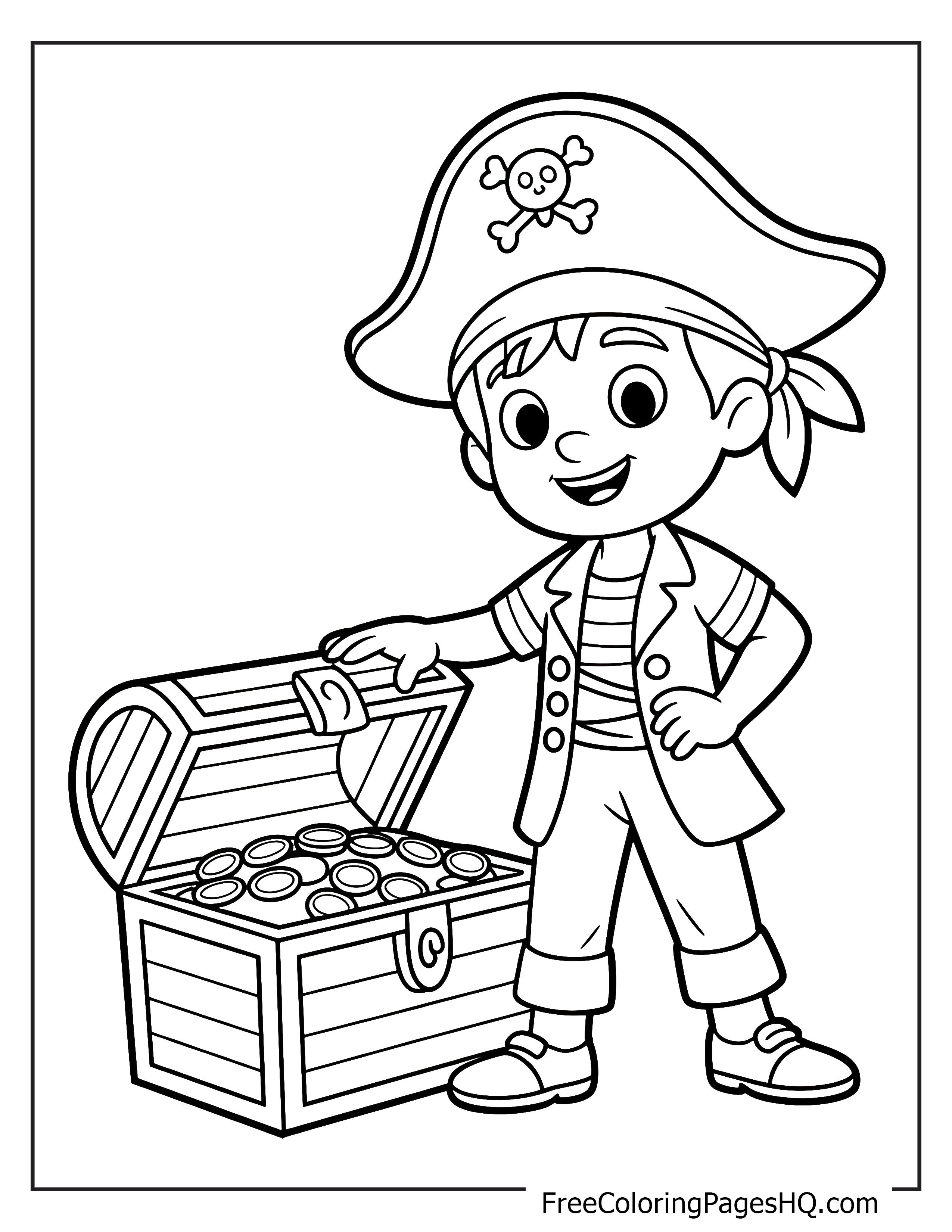 A young pirate smiles beside an overflowing treasure chest.