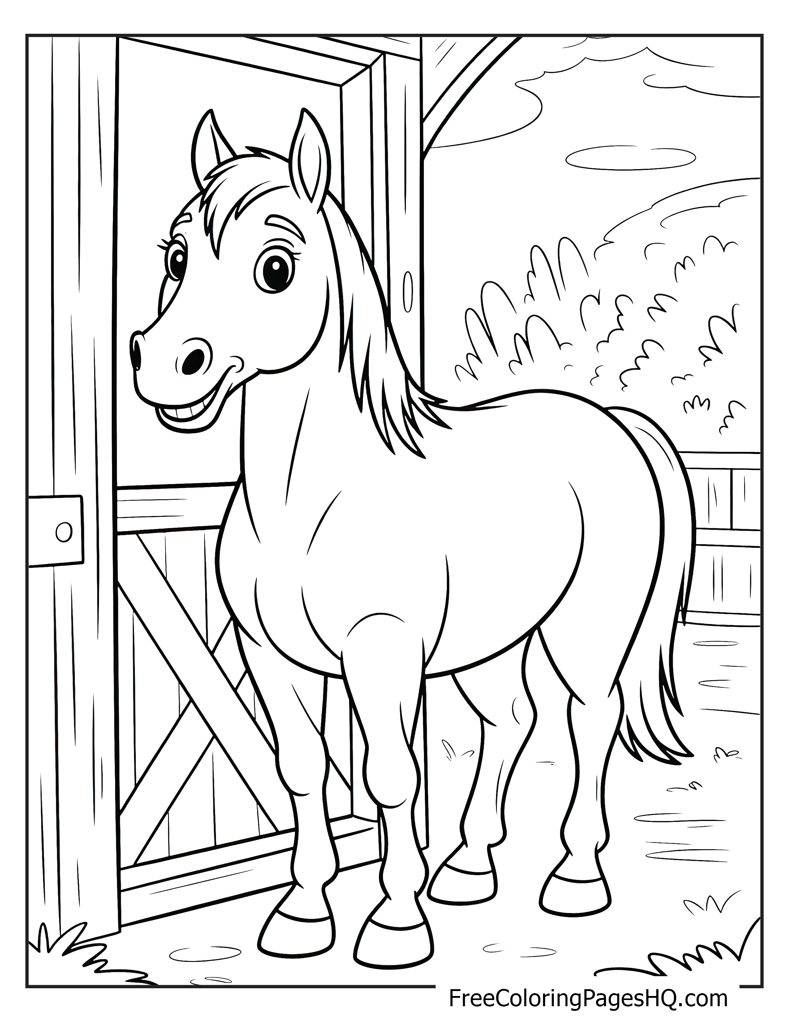 Smiling pony looking out from the stable into a bright and open yard.