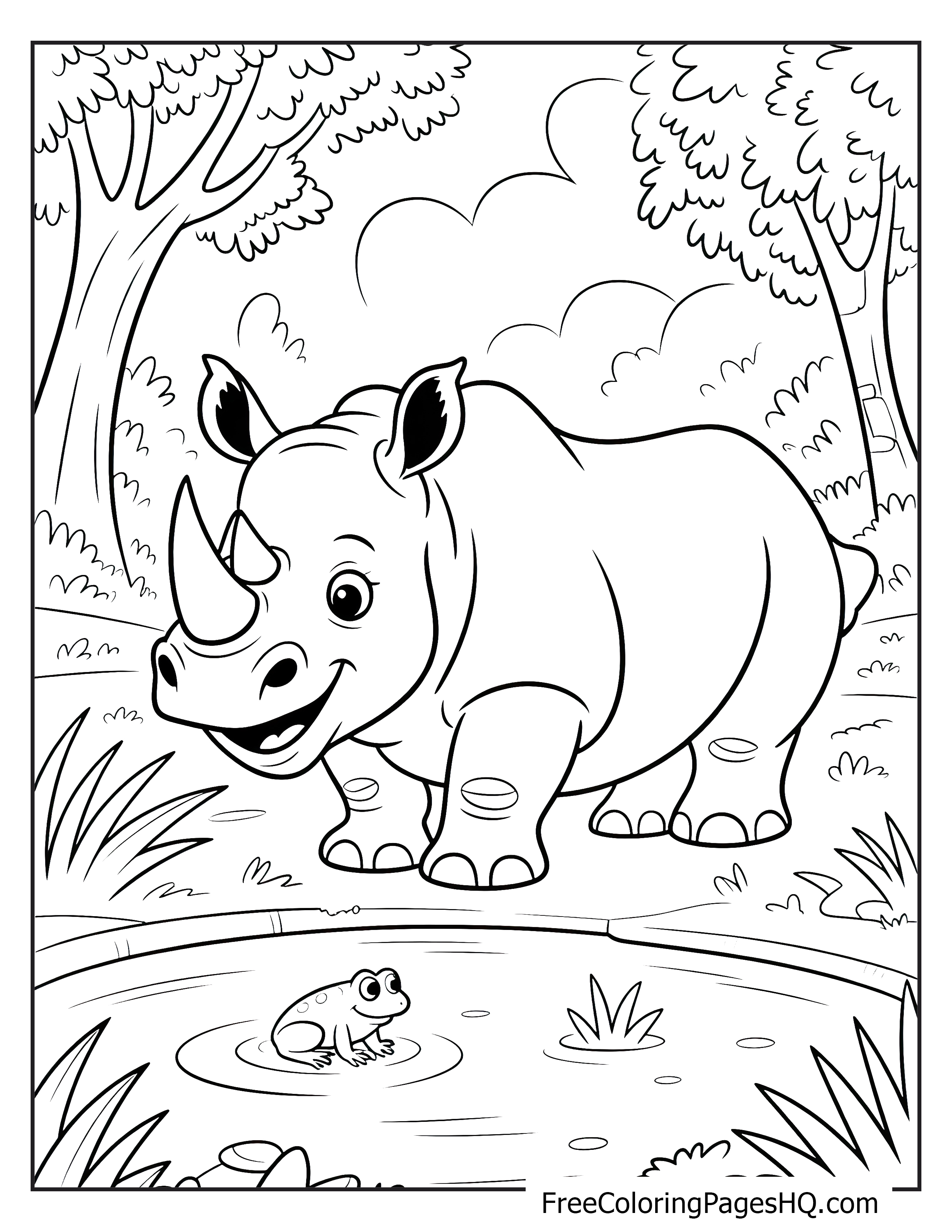 A smiling rhino stands near a pond with a frog staring up at it.