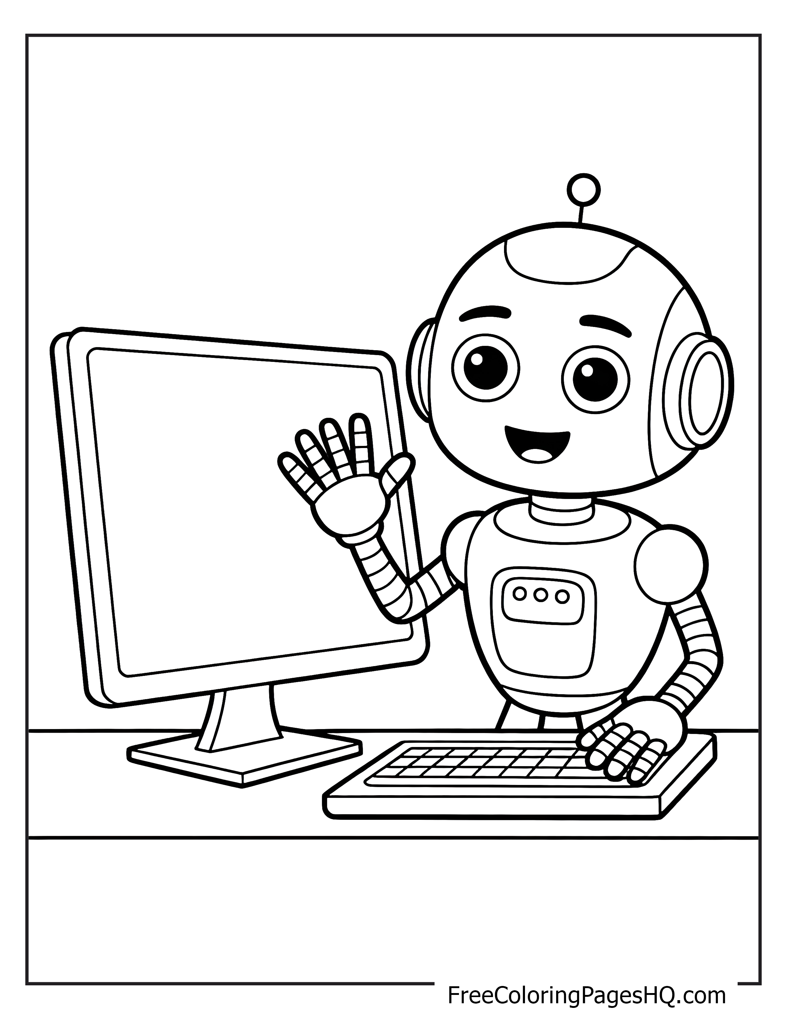 A cheerful robot sitting at a computer, waving joyfully.