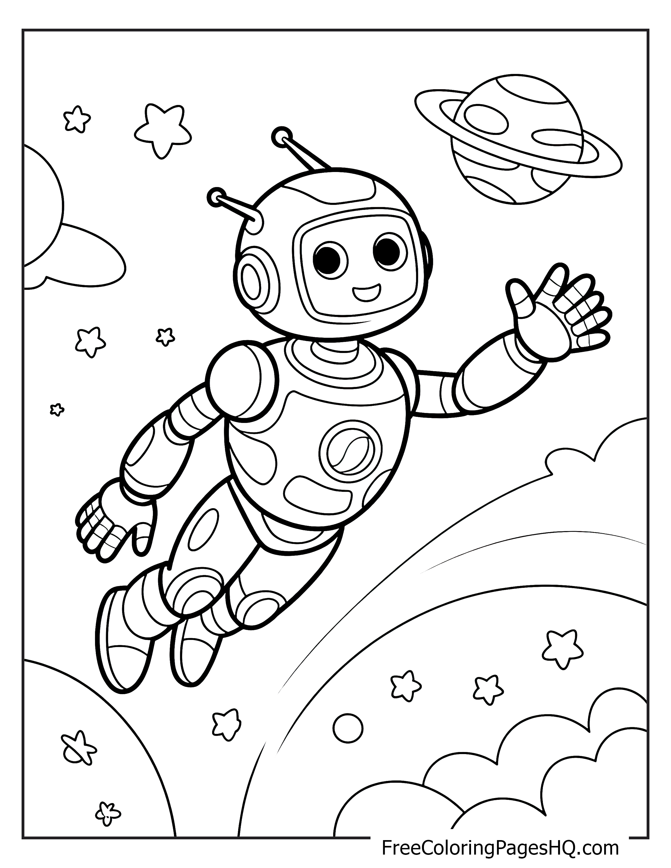 A smiling robot floats in space, waving next to distant planets and stars.