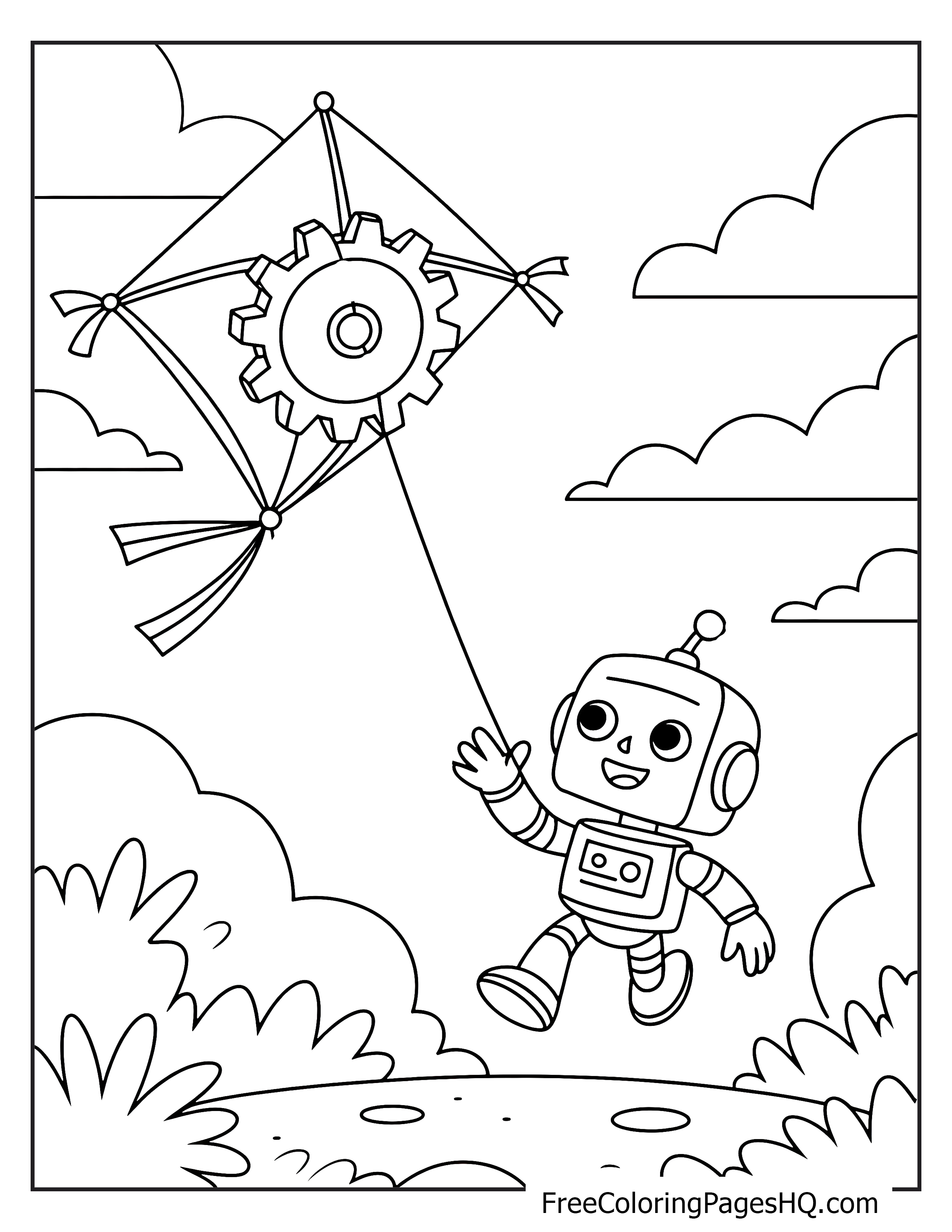 A joyful robot holding a gear-shaped kite with clouds in the background.