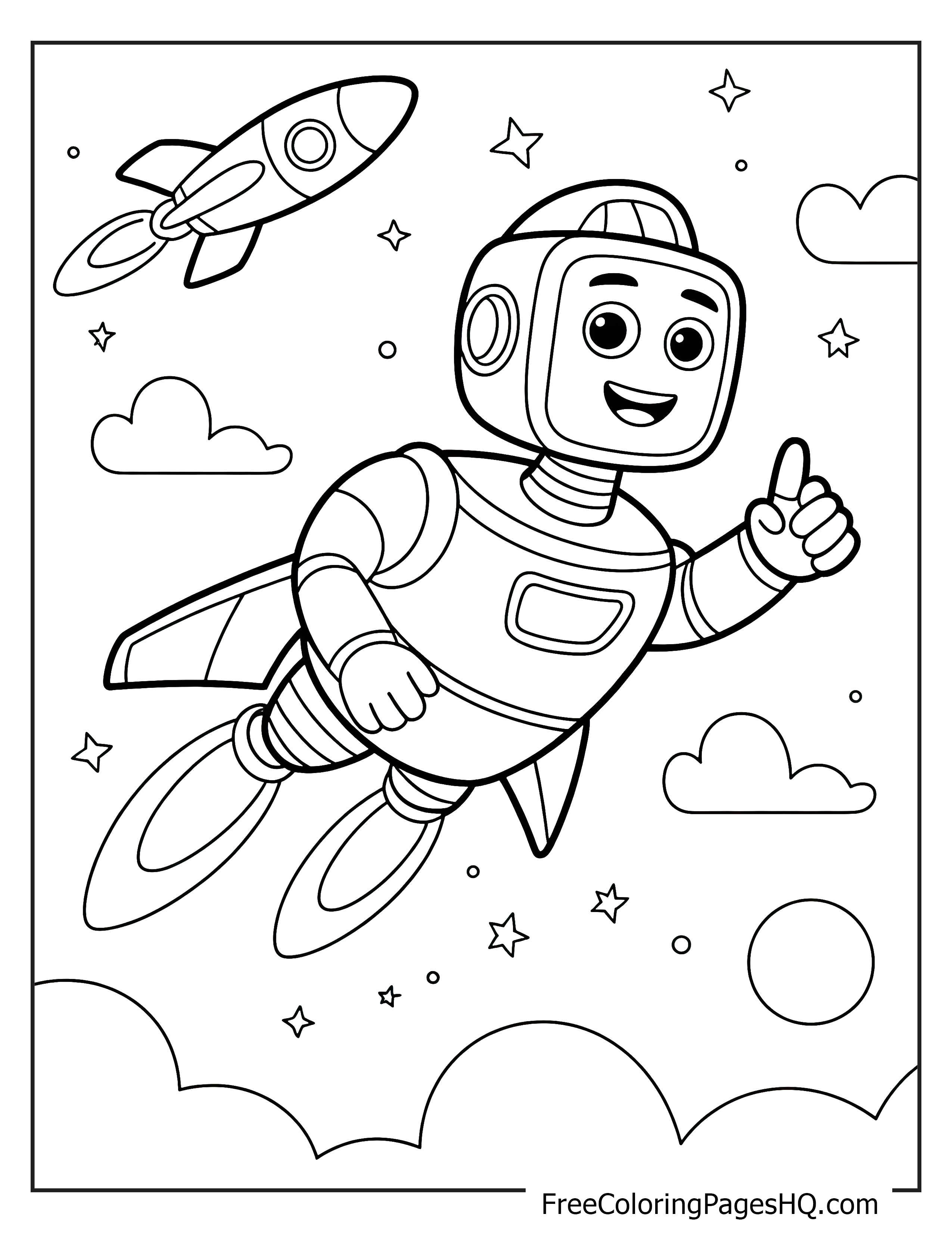 Happy robot flying through space with a thumbs-up and a nearby rocket.