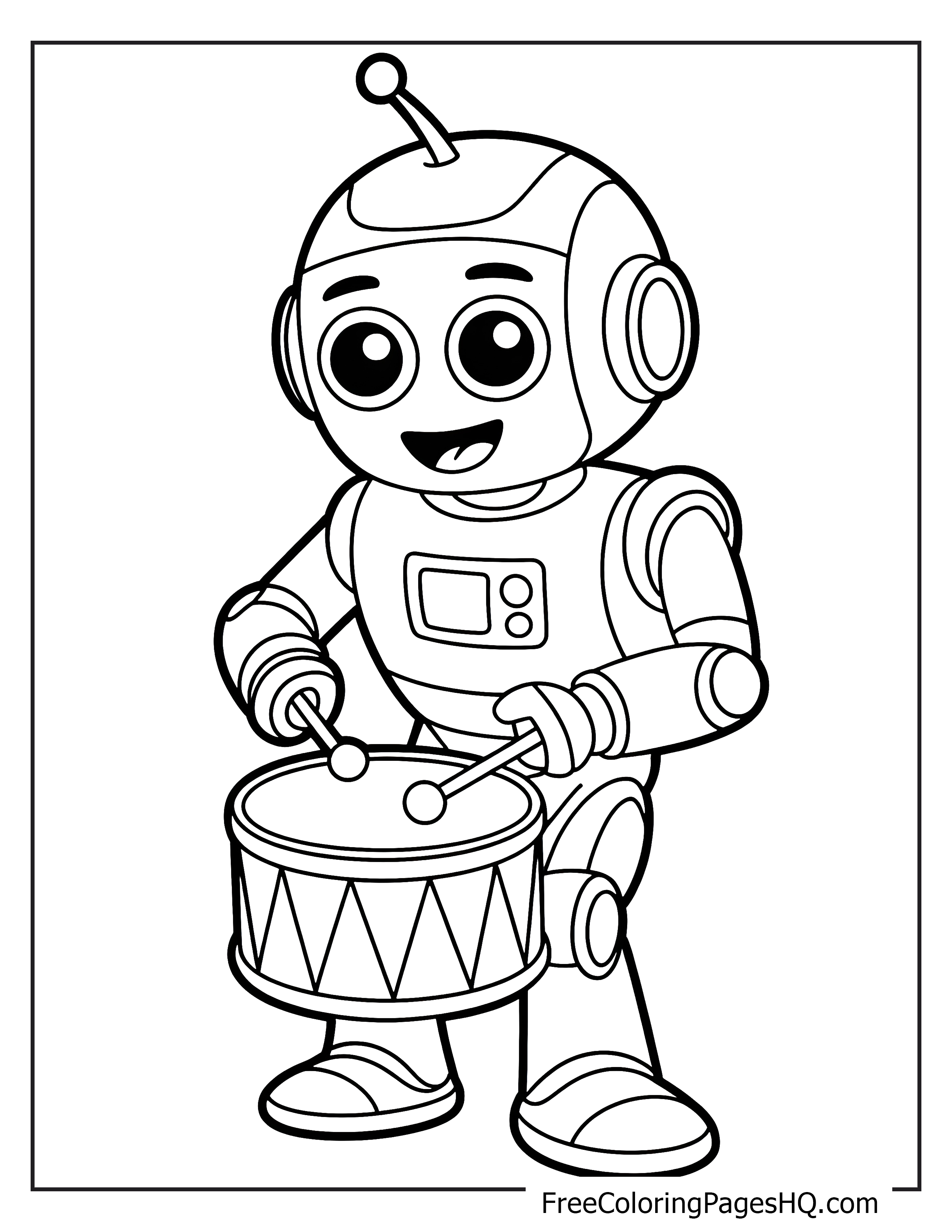 A smiling robot playing a drum with drumsticks in a workshop.