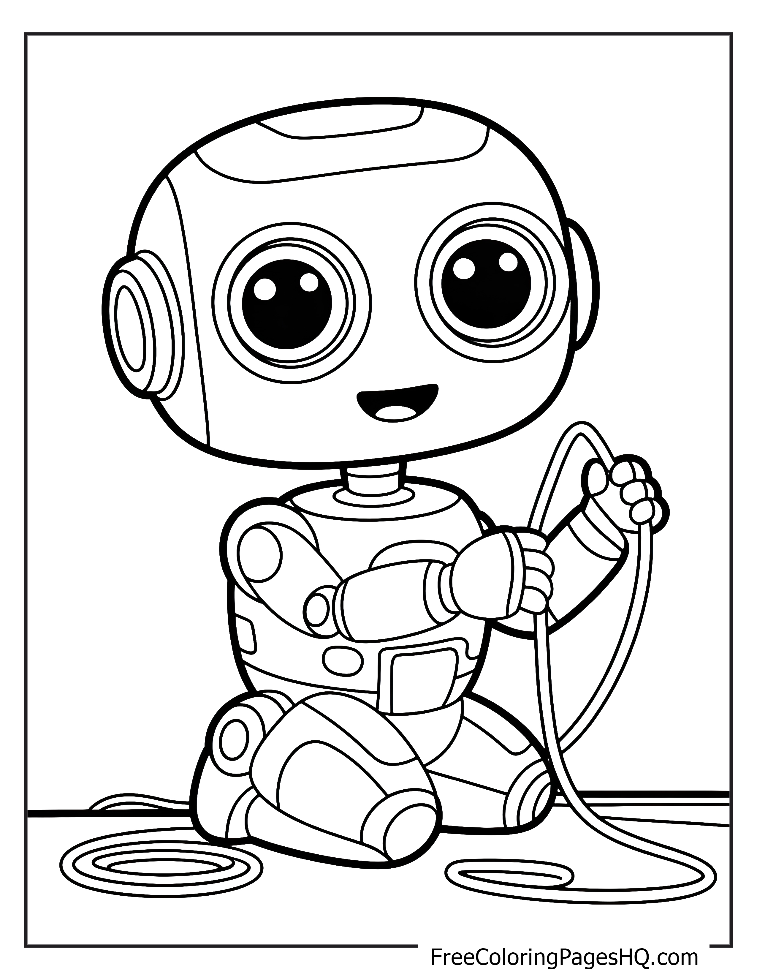 A cute robot sits on the floor, cheerfully holding cables.