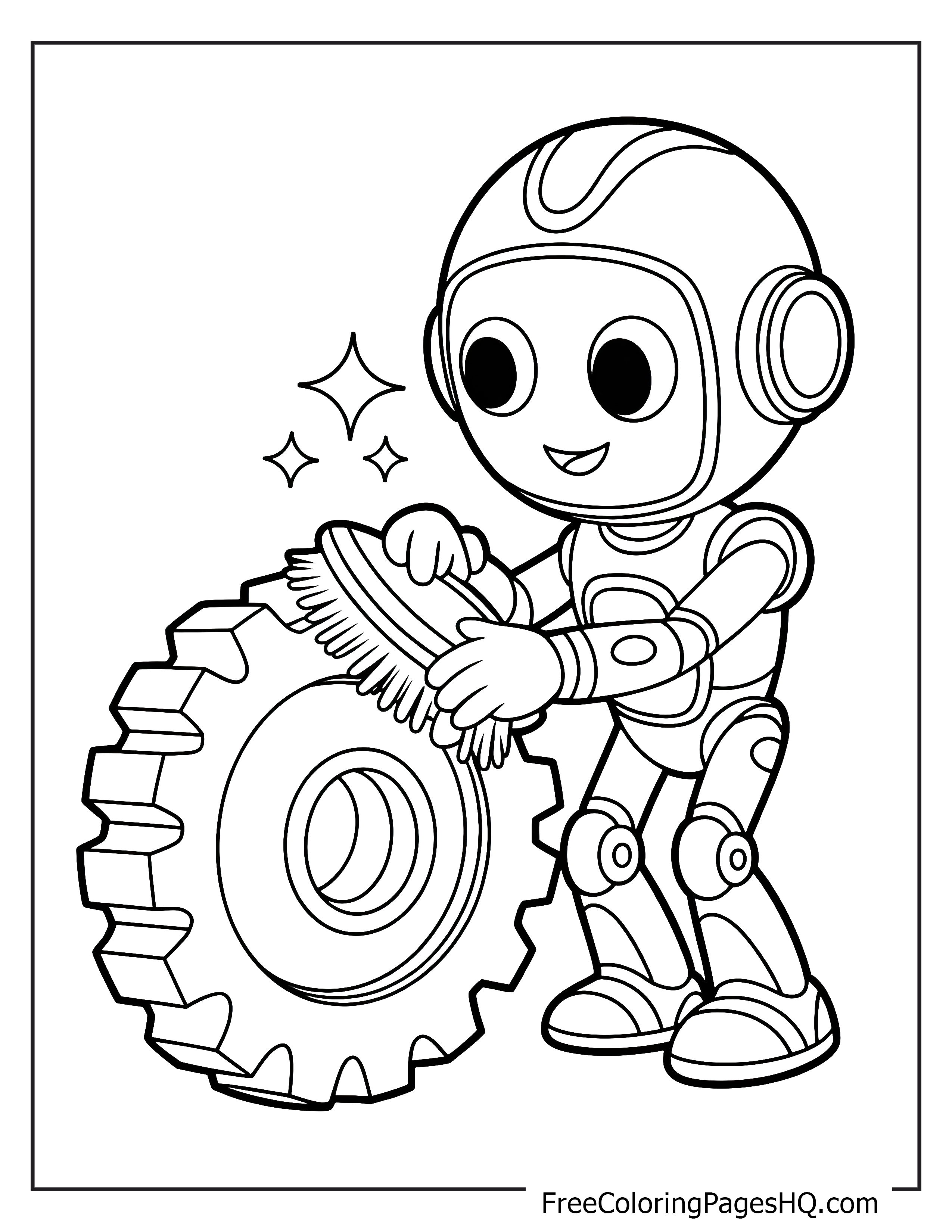 A smiling robot uses a brush to clean a big gear, surrounded by sparkles.