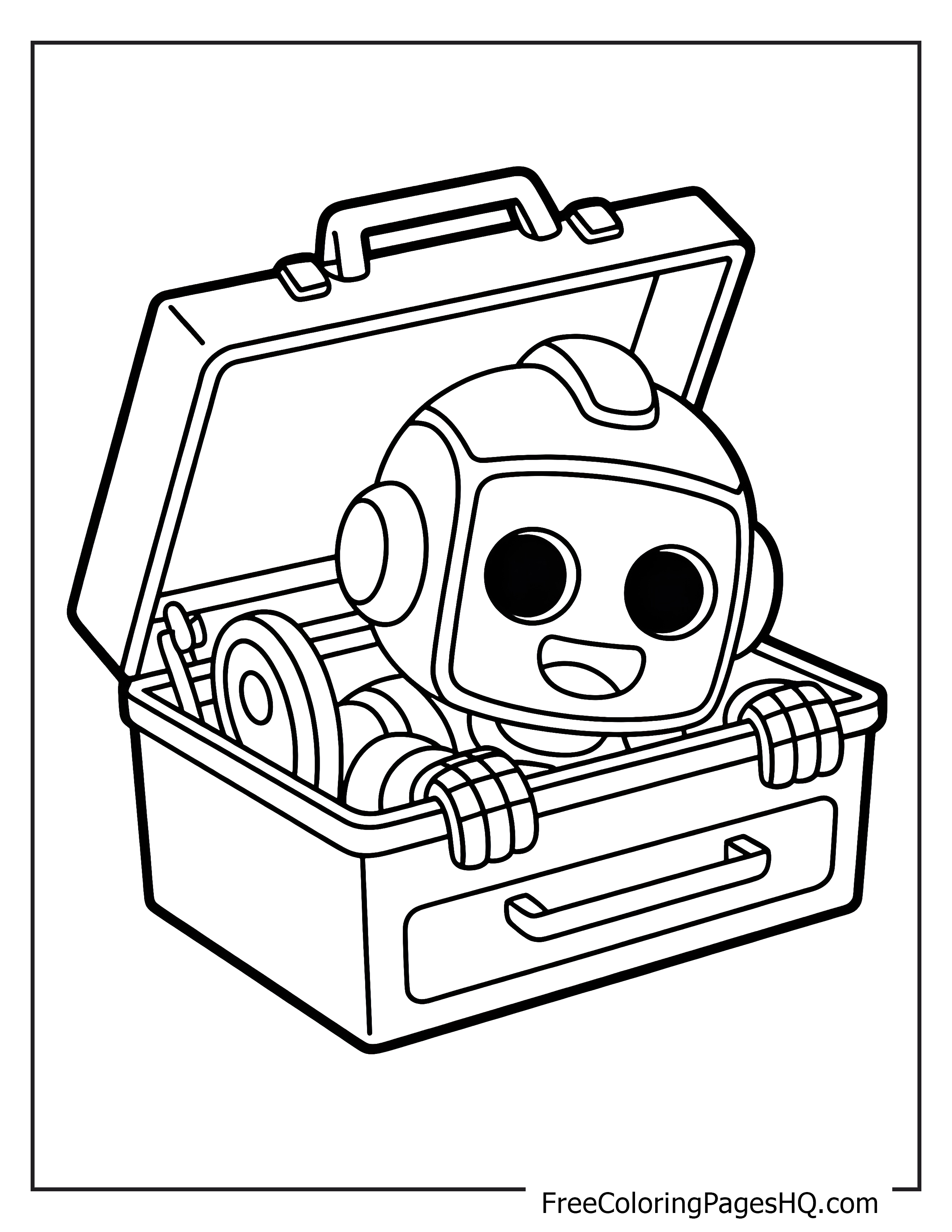 Smiling robot emerging from a toolbox with curiosity.