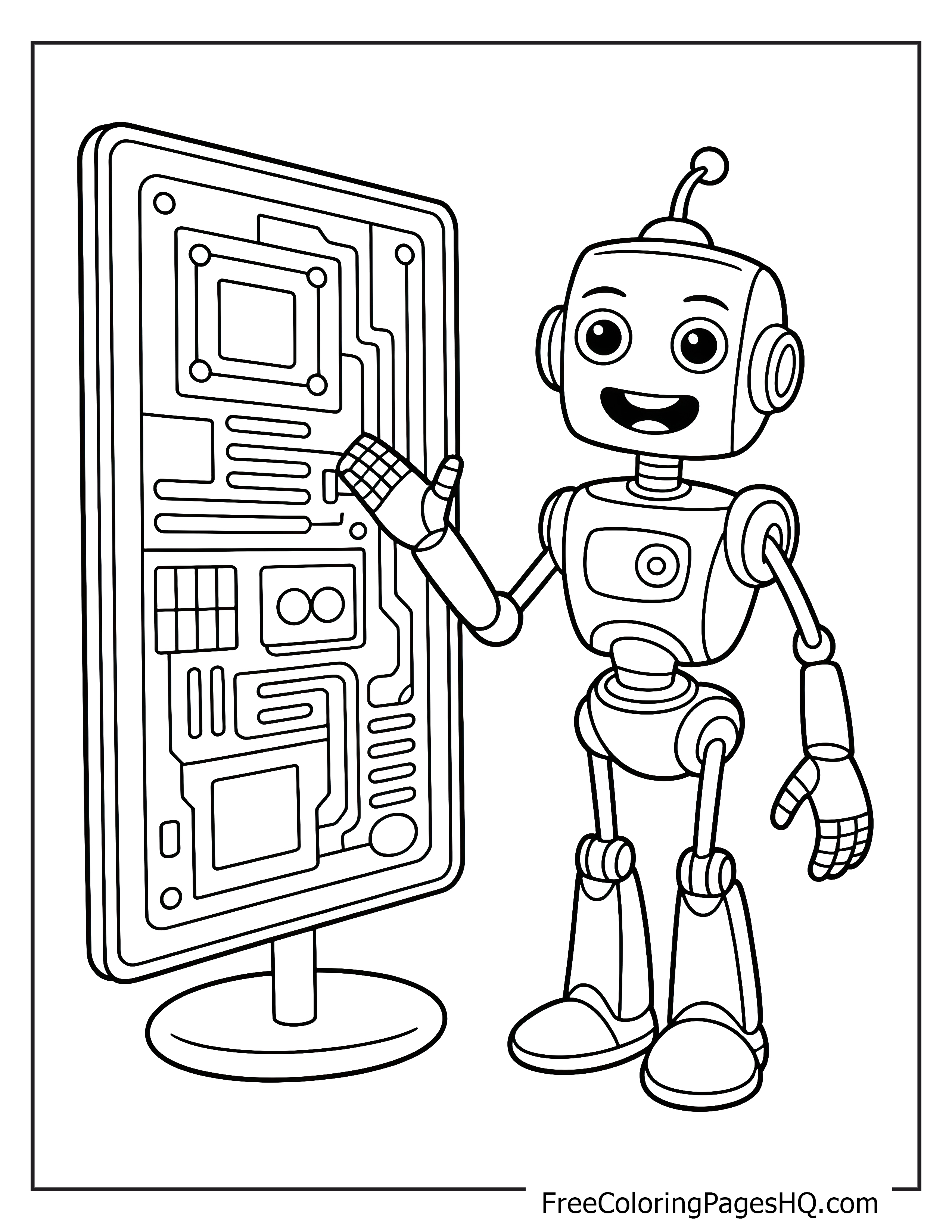 A smiling, cheerful robot stands beside a detailed circuit board, gesturing with one hand.