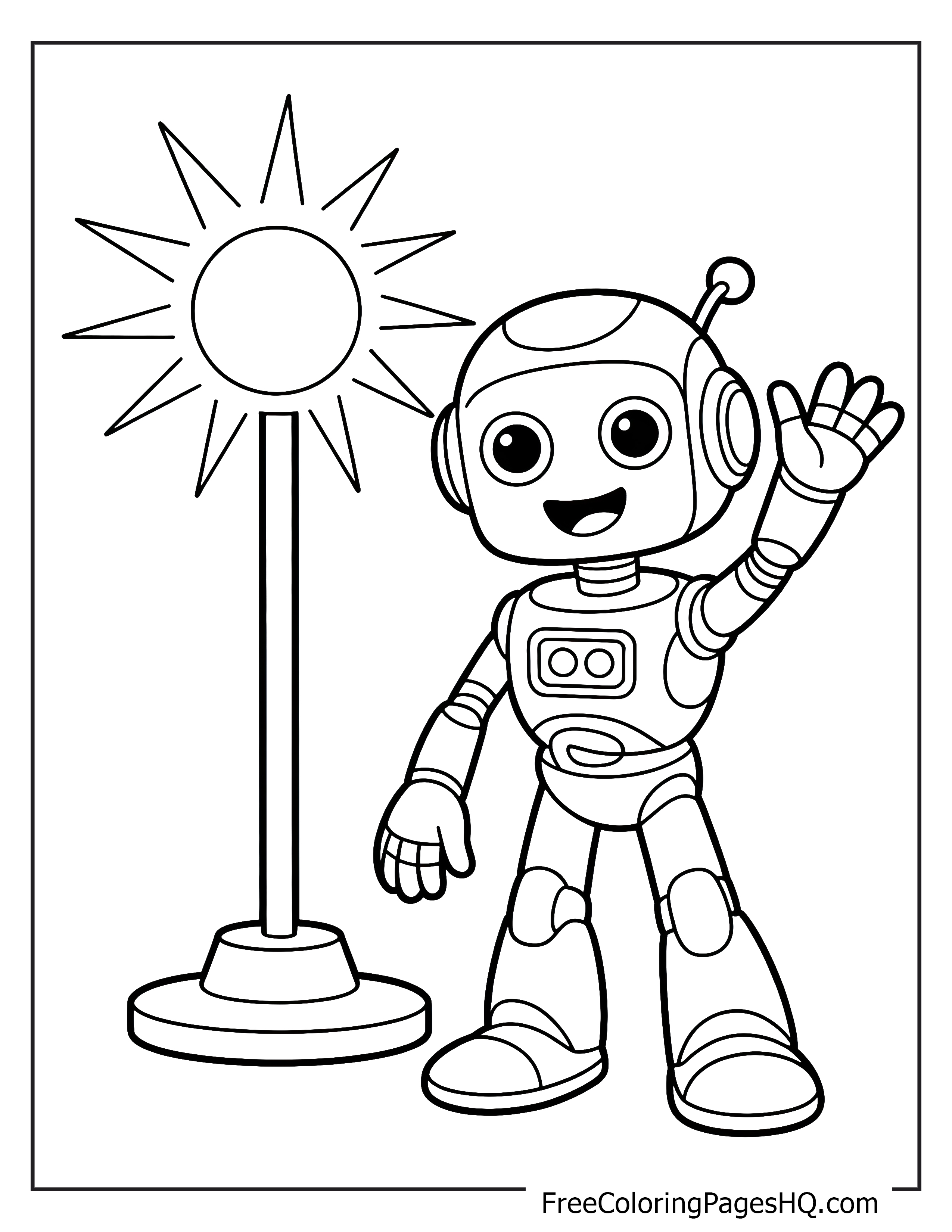 A smiling robot waves beside a sun on a pole.